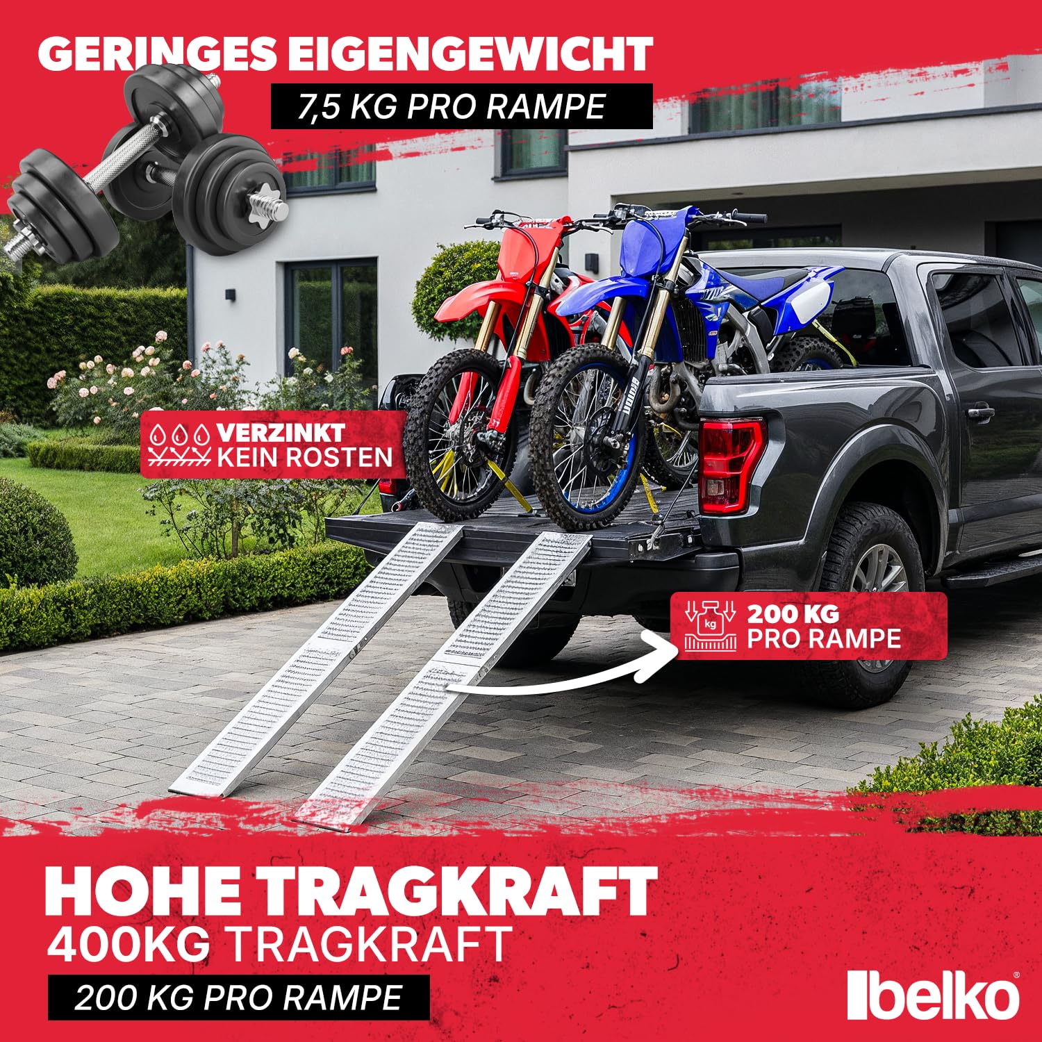 Belko® 2 rampe di carico pieghevoli, portata 400 kg, 168 x 23 cm, pieghevoli, in acciaio zincato, antiscivolo, perforate, per auto, moto, quad, ATV, rimorchio, rampa di carico
