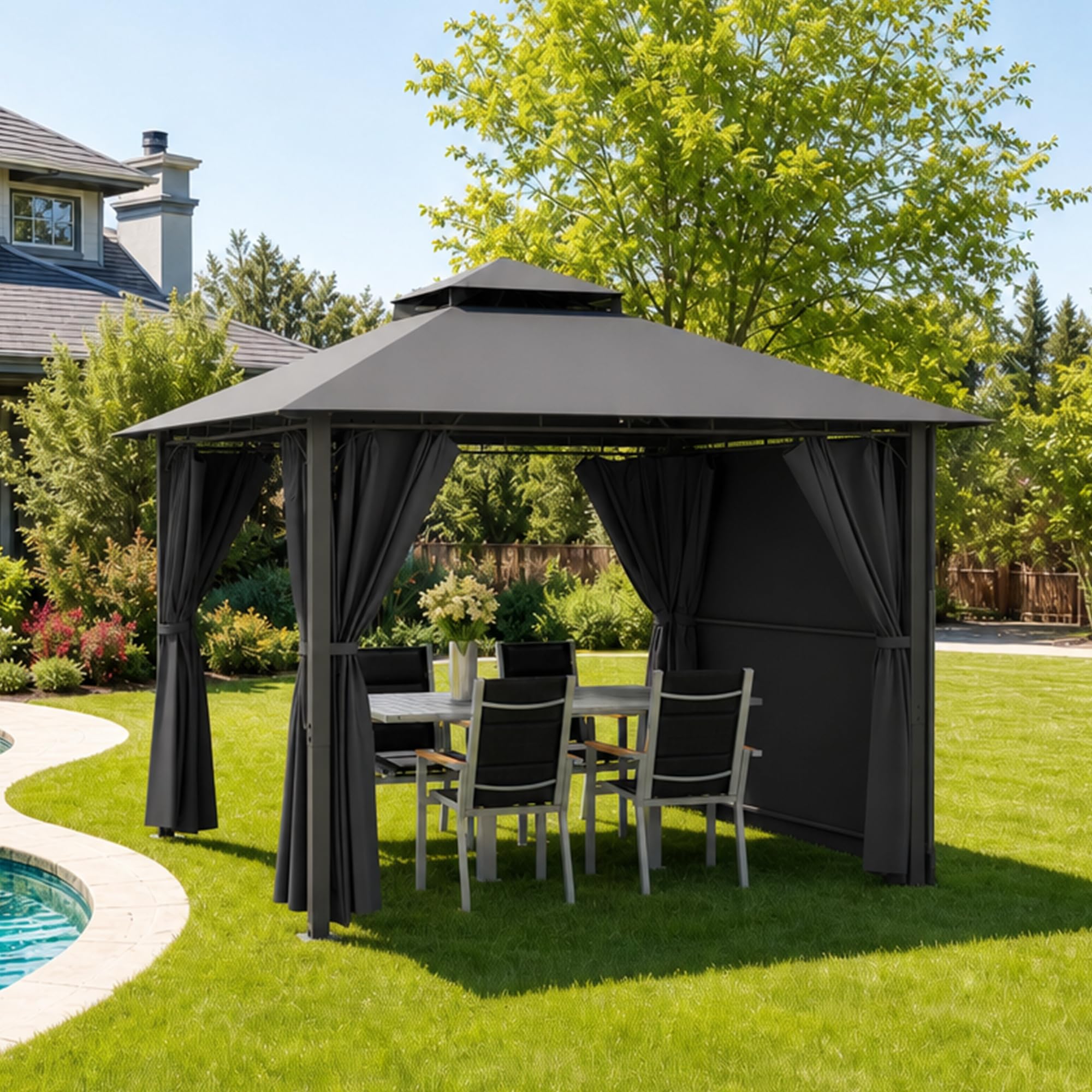 JUMMICO Gazebo da Giardino Esterno 3x3, con Estensione Convertibile in Parete e Tende Laterali Incluse, Tetto a Doppio Strato, Struttura Metallica Resistente alle Intemperie, Ideale per Spazi Esterni