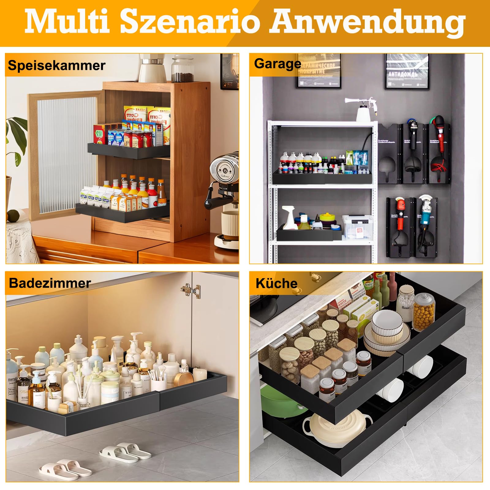2 Stück Teleskopschublade, Ausziehbare Schublade, Küchenschrank Organizer | für Küchenschränke, Schubladen Aufbewahrungsregale (32–48 cm B x 42 cm T x 6 cm H), Kein Bohren und Nageln Erforderlich