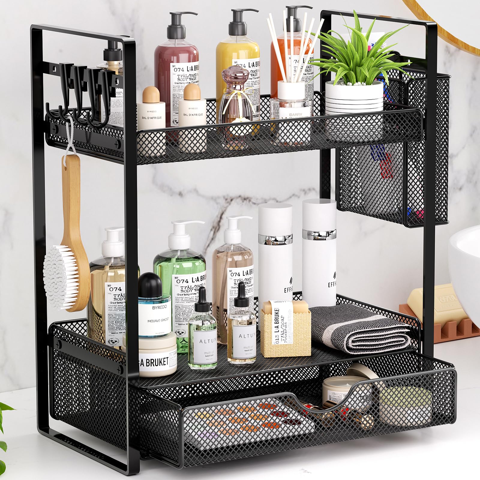 VITVITI 2 Tier Bathroom Organizer Countertop with Drawer, Metal Mesh Bathroom Counter Vanity Organizer Storage, Bath Room Shelf Sink Kitchen Spice Rack with Basket Hooks, Black