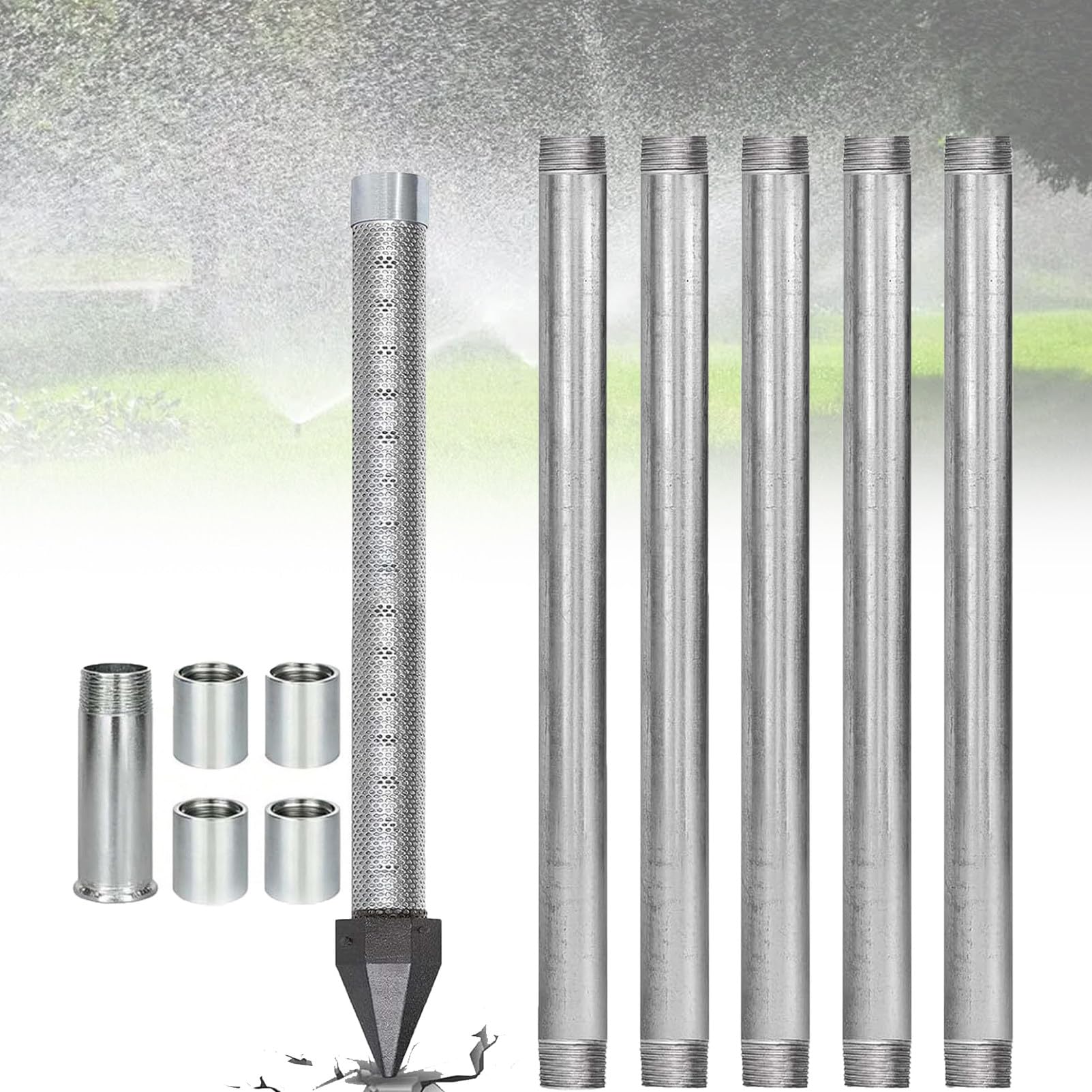 Ofyphth Heavy Duty Sand Point Well Kit, Professional Shallow Well Drilling Tool, 1-1/4" Stainless Steel Drive Point with 60 Gauge Mesh, Galvanized Pipes, Drive Cap and Couplings. 6M