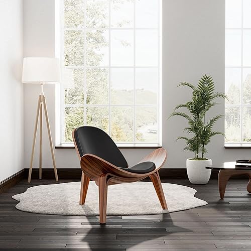 Miniatura 5 de Furgle Silla moderna de mediados de siglo con trípode de piel sintética negra silla decorativa de madera maciza para cocina sala de estar silla