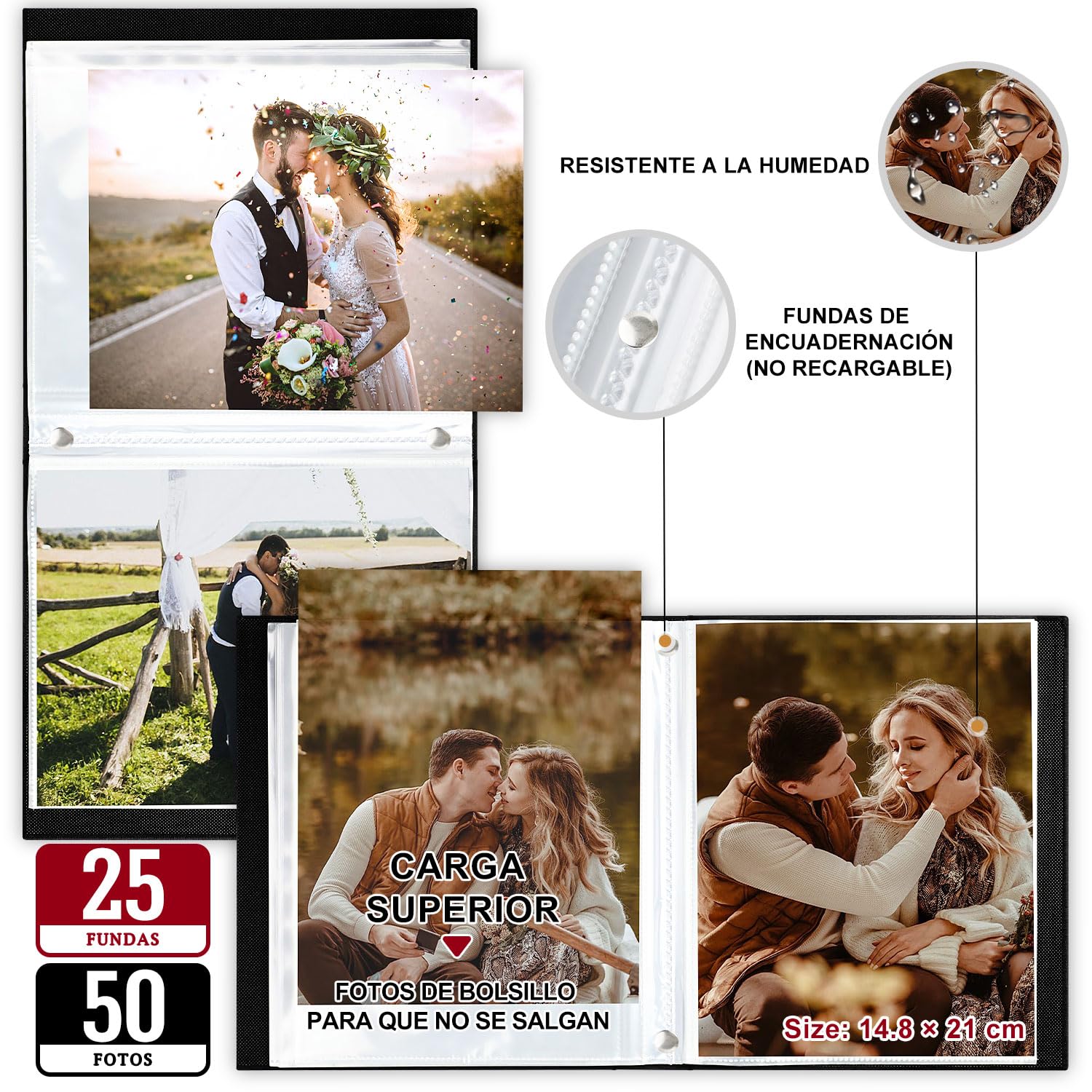 Lanpn Álbum de fotos de A5 50 fotos, Pequeño Funda de lino Album de fotos vertical bolsillos Negro - 5