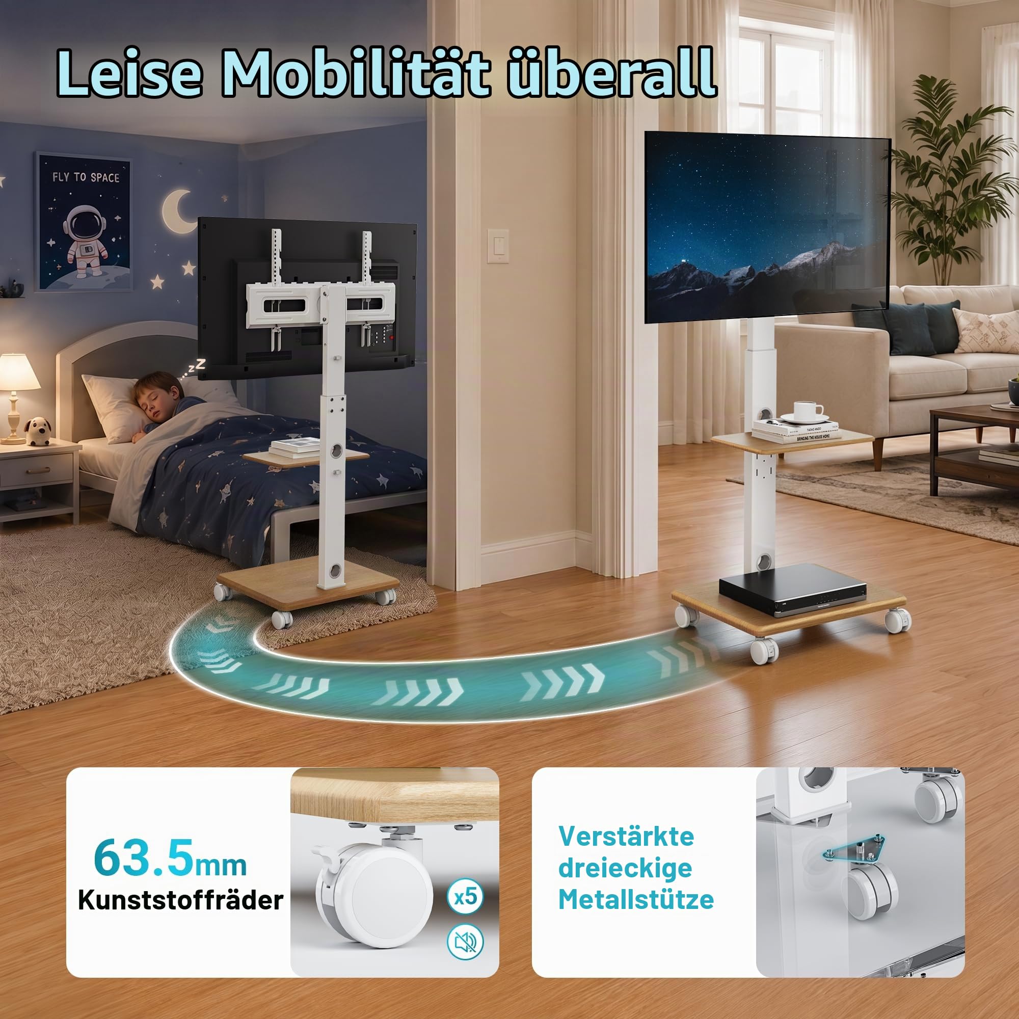 BONTEC TV Ständer Rollbar für 32-80 Zoll Fernseher, Holzsockel, 60 kg | Rollbarer TV Wagen mit fünf 6,3-cm-Rollen, höhenverstellbar, neigbar und schwenkbar, max. VESA 600x400 mm