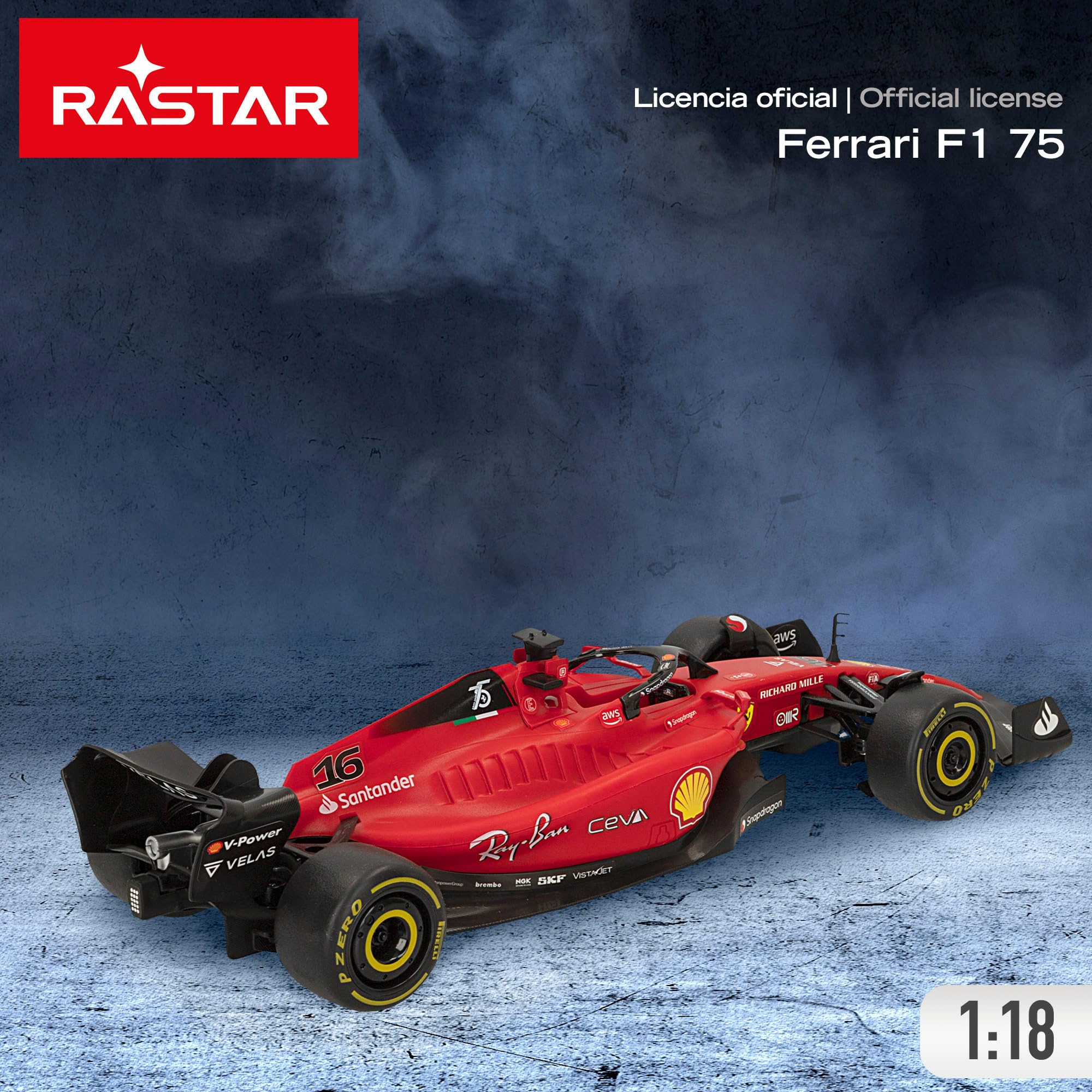 ColorBaby RASTAR - Coche teledirigido Fórmula 1 2022 Ferrari F1-75, Licencia Oficial, Escala 1:18, Coches teledirigidos, Vehículo radiocontrol, Control Remoto, 2.4 GH.z, Sainz + Leclerc, RC (41277)