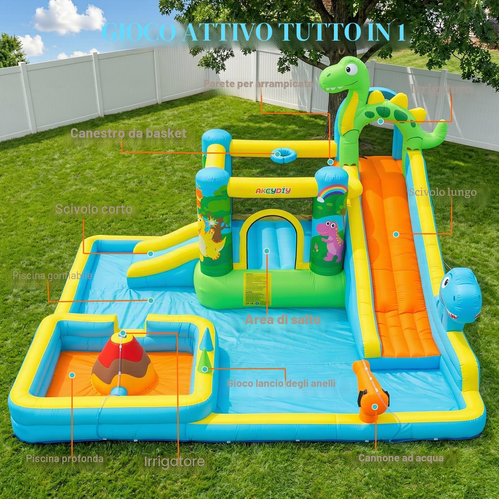 Gonfiabile acquascivolo castello gonfiabile con ventilatore per bambini 3+ anni, scivolo asciutto/acqua, parco acquatico dinosauro con 2 scivoli, piscina per bambini e piscina, cestino da basket