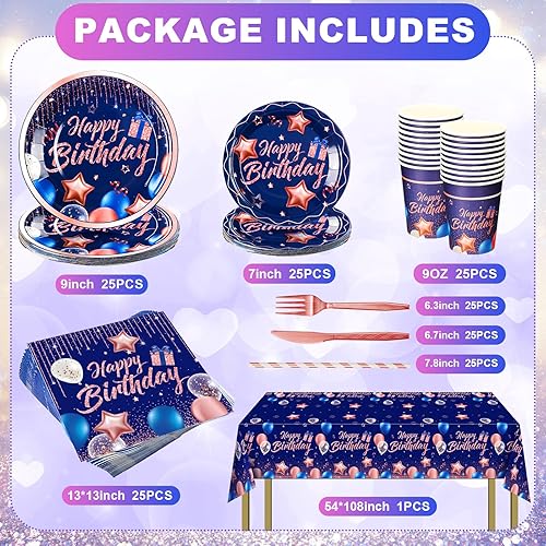 Miniatura 9 de Norme Juego de vajilla azul marino para decoración de cumpleaños, incluye mantel de 25 piezas, platos de papel azul, servilletas, vasos de papel,
