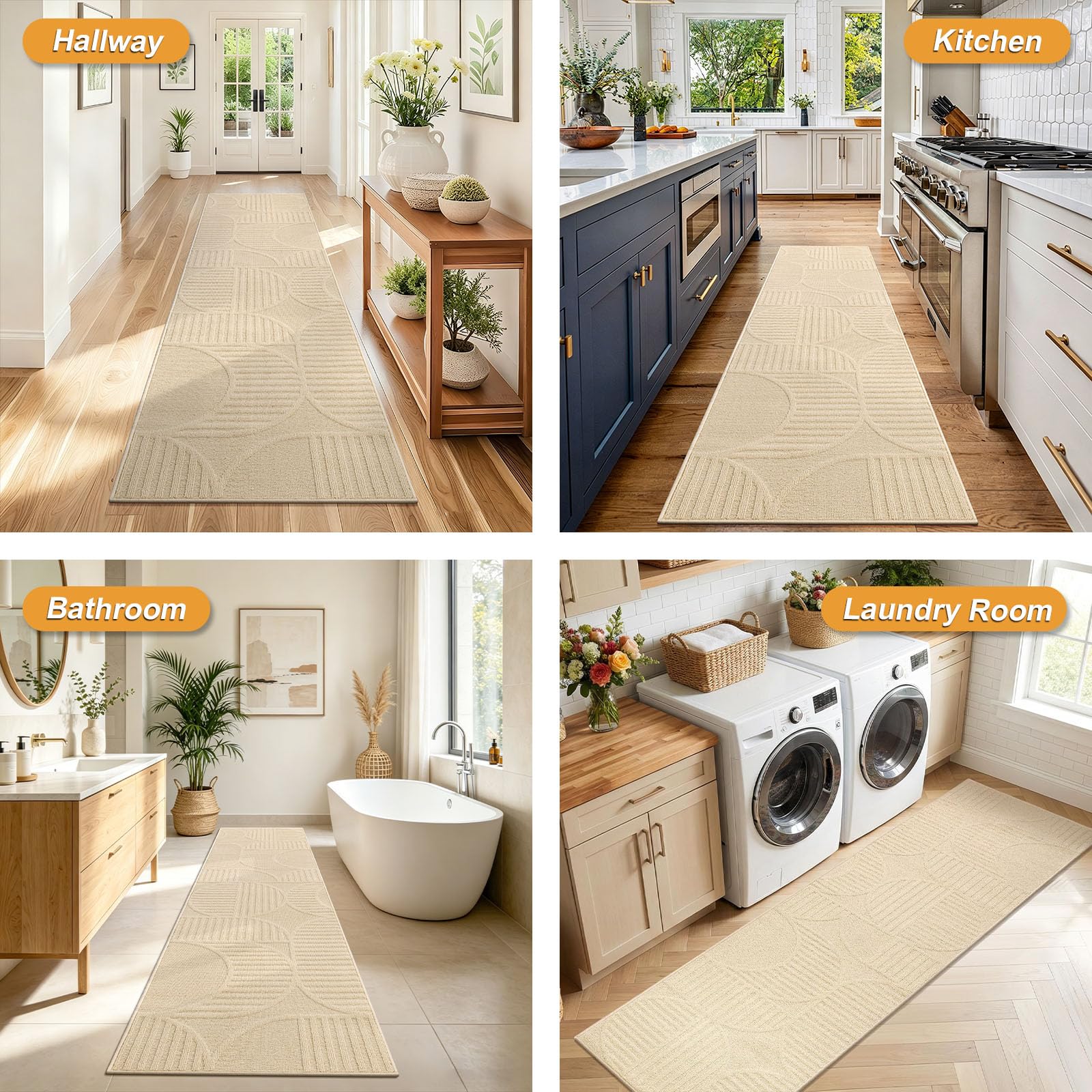 SHACOS Tappeto Corridoio Antiscivolo 60x300 cm, Tappeti Passatoia Beige | Moderno Tappeto Cucina Lavabile, Lungo Passatoia Corridoio Tappeti Runner per Ingresso Lavanderi