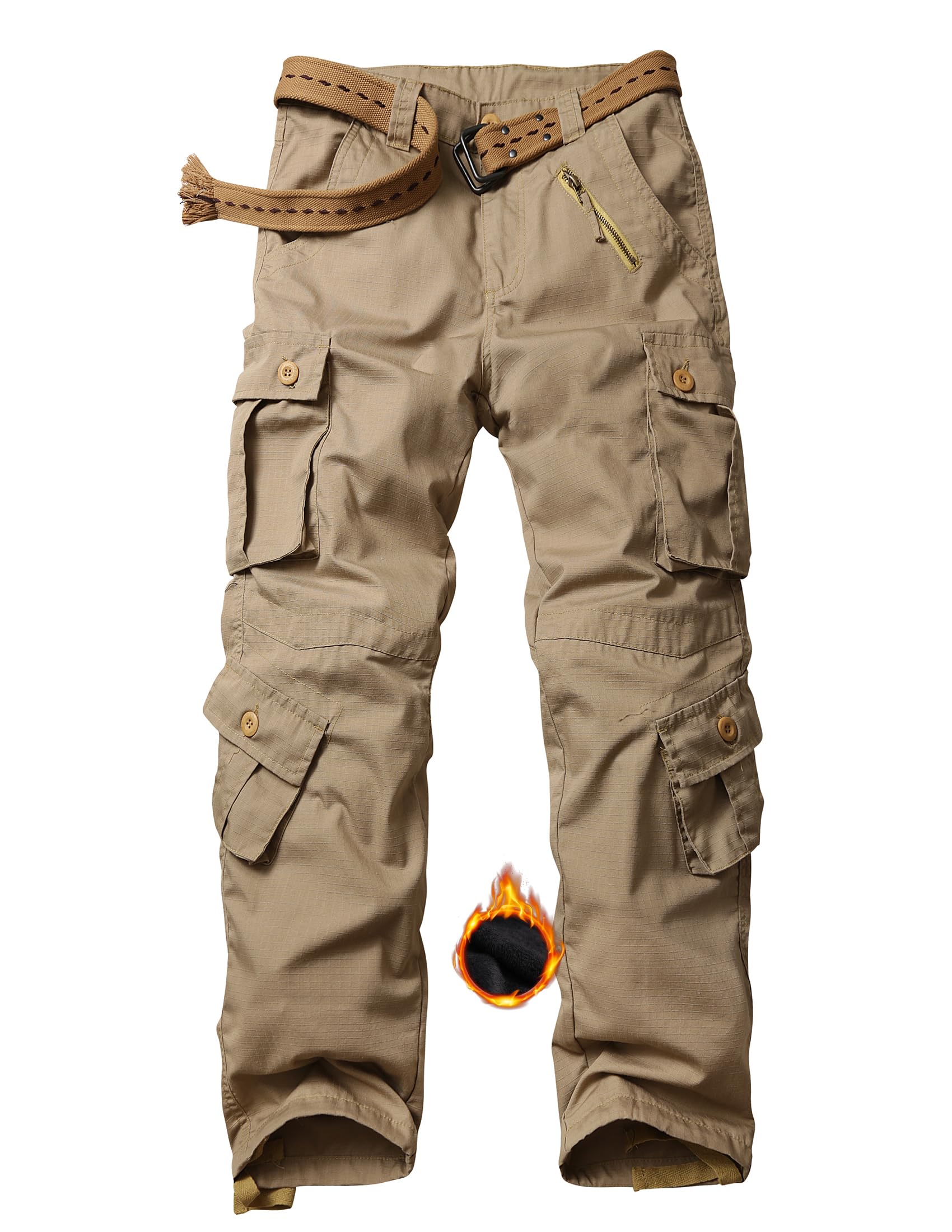 GSGGIGMen's Fleece Lined Camo Hiking Tactical Ripstop Pants Winter Outdoor Work Cargo Pants with 8Pockets No Belt