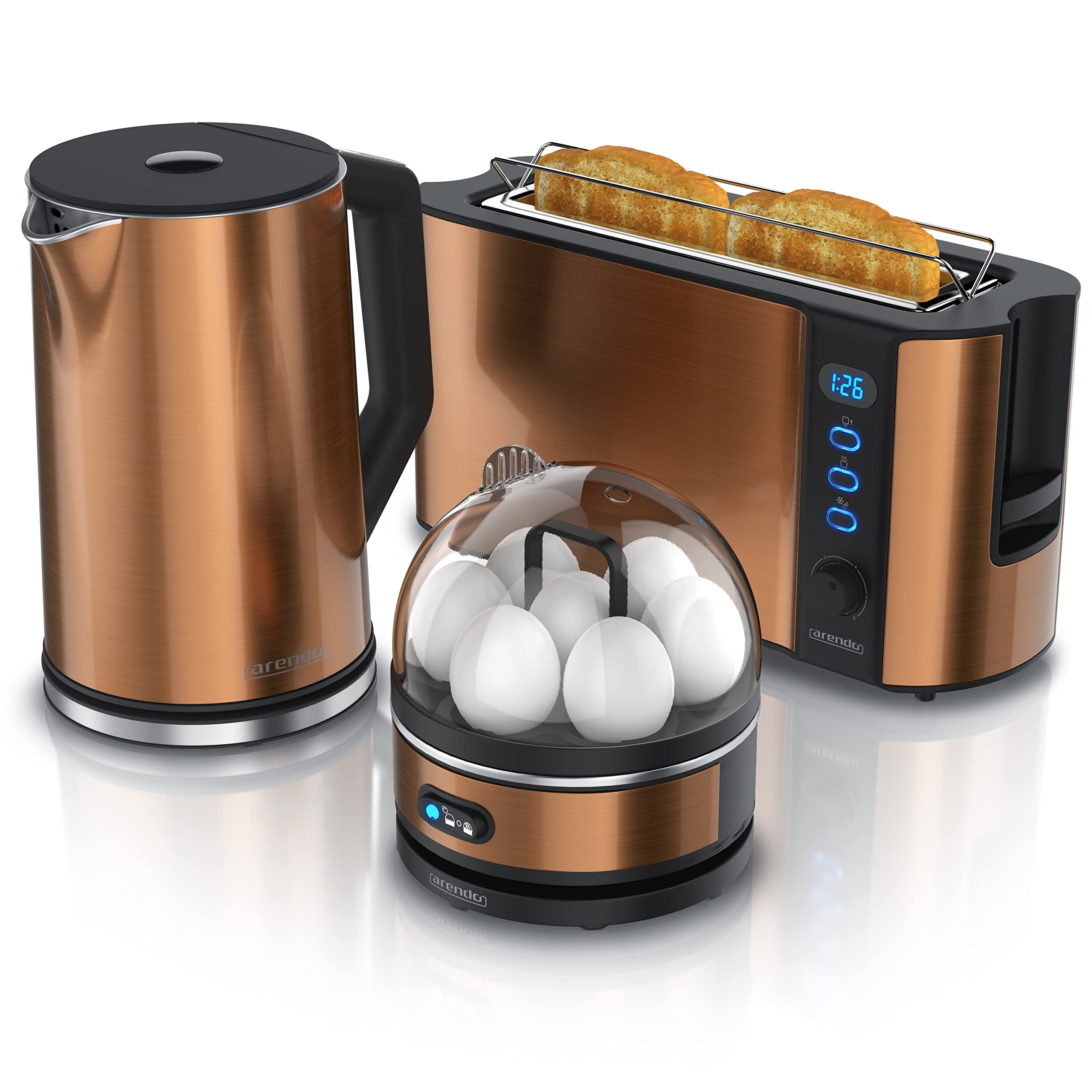 Ensembles Bouilloire et grille-pain et cuiseur à oeufs Bouilloire en inox 1,5L 40°-100°C, Grille-pain 2 Tranches Ecran LED 6 niveaux de brunissage Cuiseur à oeufs 1-7 oeufs, Verre doseur, cuivre