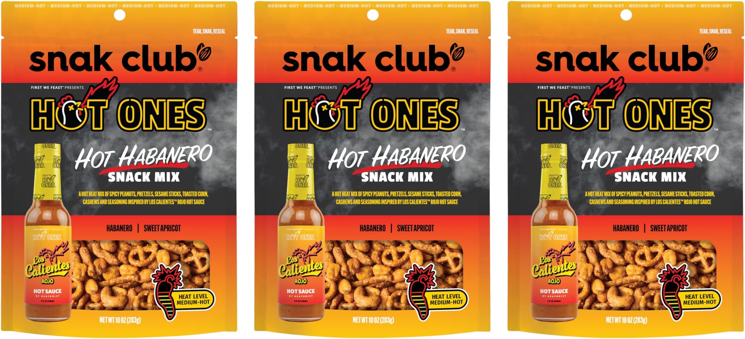 Snak Club x Hot Ones Hot Habanero Snack Mix, Spicy Snacks with Peanuts, Pretzels, Sesame Sticks, Toasted Corn & Cashews, Inspired by Hot Ones Hot Sauce (10 Ounce (Pack of 3))
