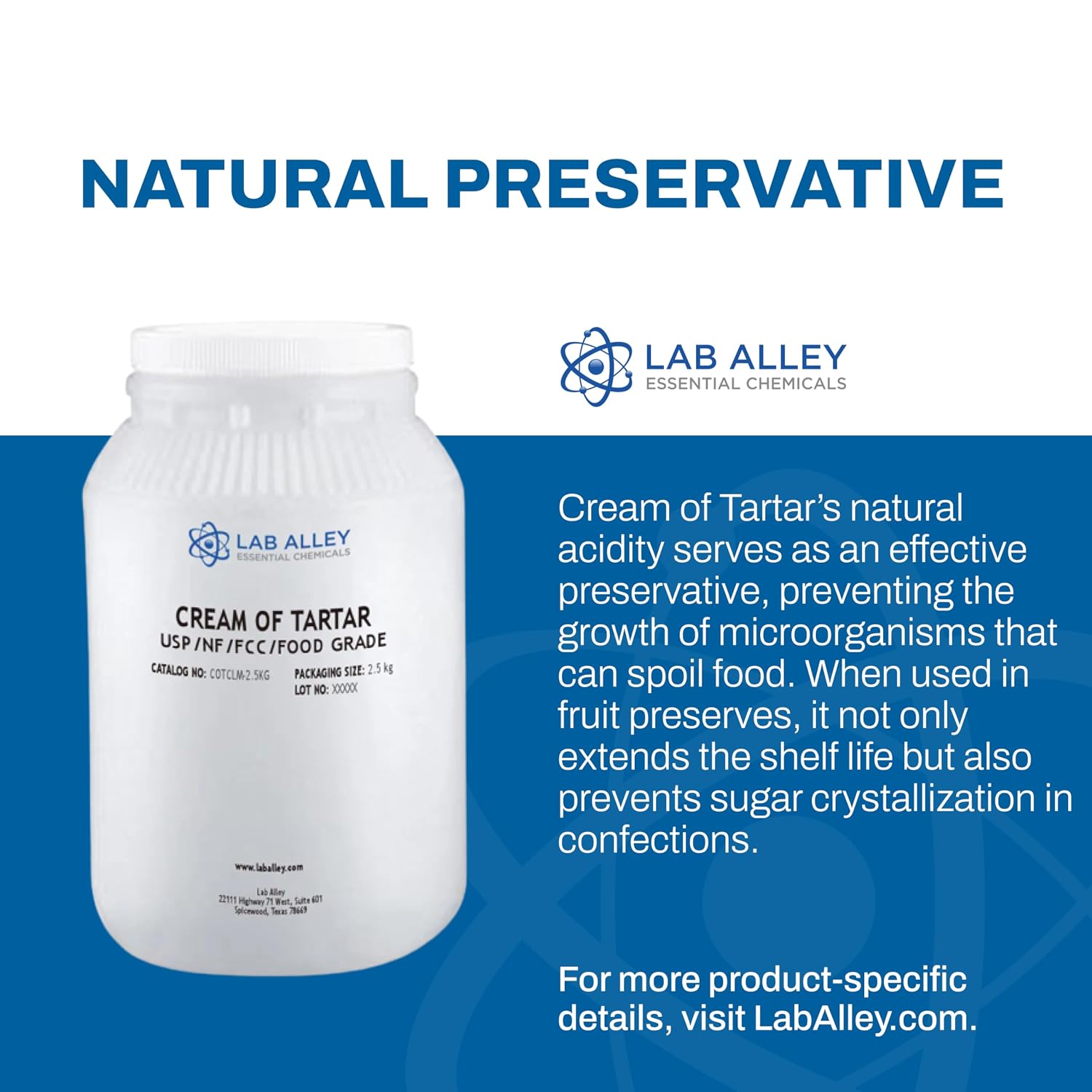 Lab Alley Cream of Tartar, USP/NF/FCC/Food Grade, Great For Baking And Cleaning - 2.5 Kilograms