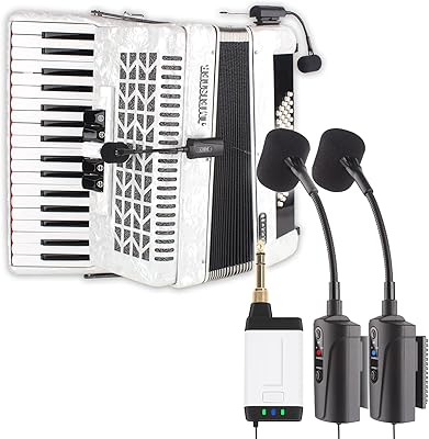 MAMKOES Accordion Wireless Microphone with 2 Transmitter Q2/AT-5A Piano Accordion Pickup with Gooseneck Mic Wireless Receiver & 2 Transmitter Microphone System Designed for Accordion