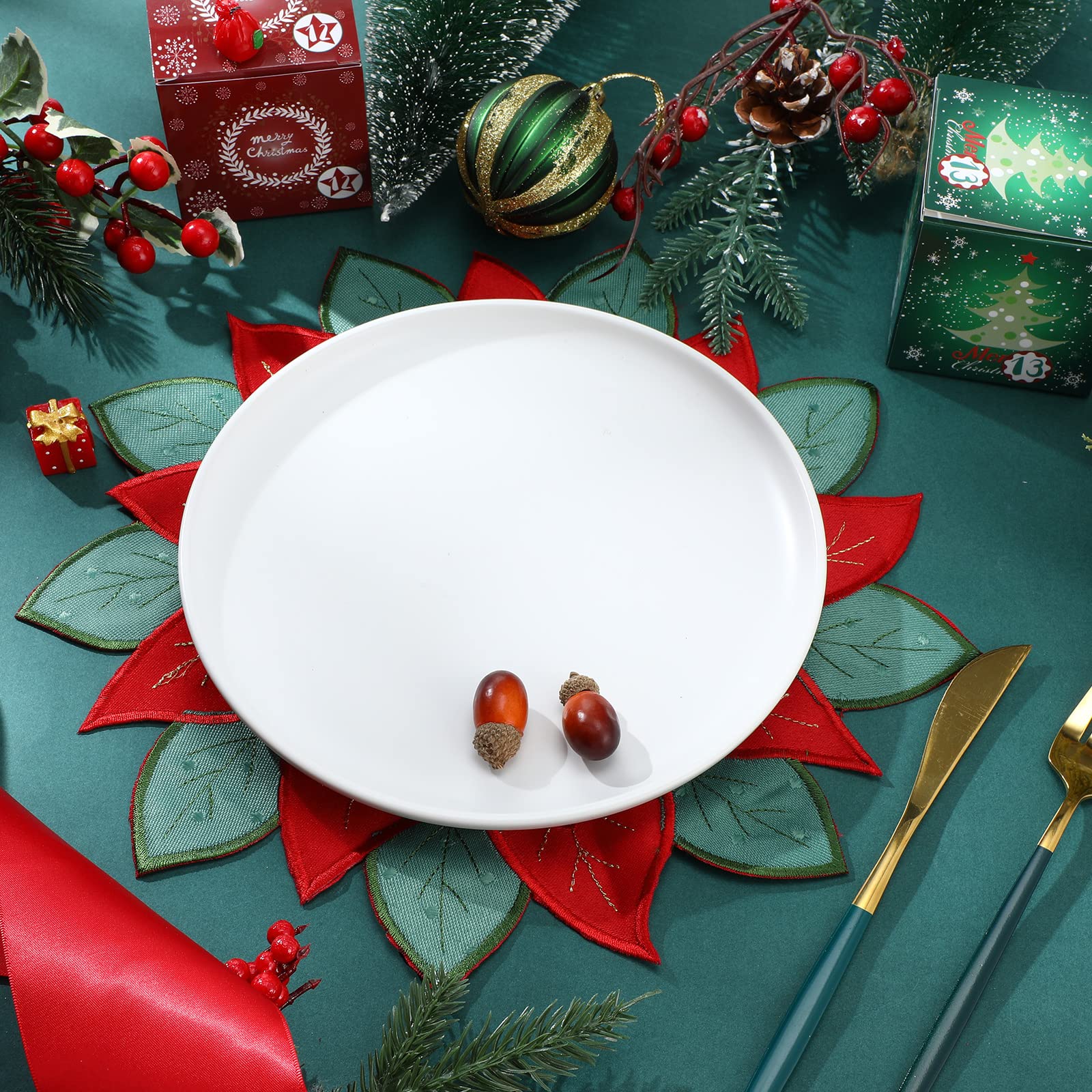 8 Stück Urlaub Weihnachten Platzsets Weihnachten Weihnachtsstern Platzsets bestickt Xmas Runde Blume Deckchen Waschbar Weihnachten Tischsets für Urlaub Essen Party Familie Abendessen Dekorationen, 30
