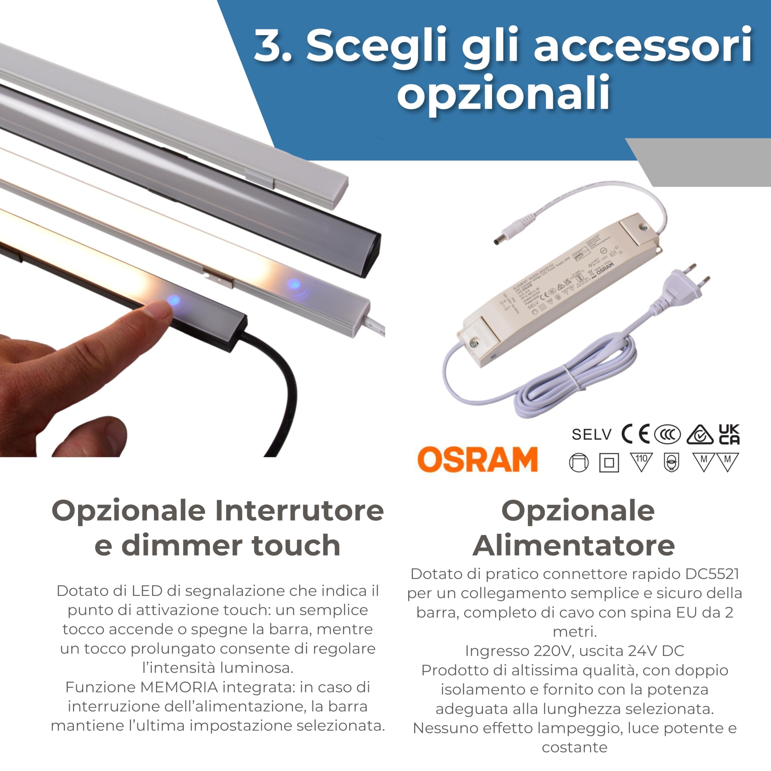 AFTERTECH Barra LED Profilo Alluminio PIATTO BIANCO SU MISURA al centimetro da 20 a 400cm in pezzo UNICO - LUCE POTENTE 19,2w/m 180led/m - PERSONALIZZABILE - MADE IN ITALY - Sottopensile Cucina