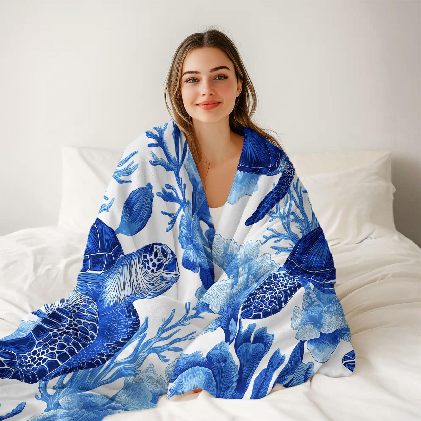 Decke Flanell 150 x 200 cm Geschenke für Frauen und Männer - Handgezeichnete Korallentiere Witzige Geschenke für Freunde zu Weihnachten und Geburtstag, Blau Weiß