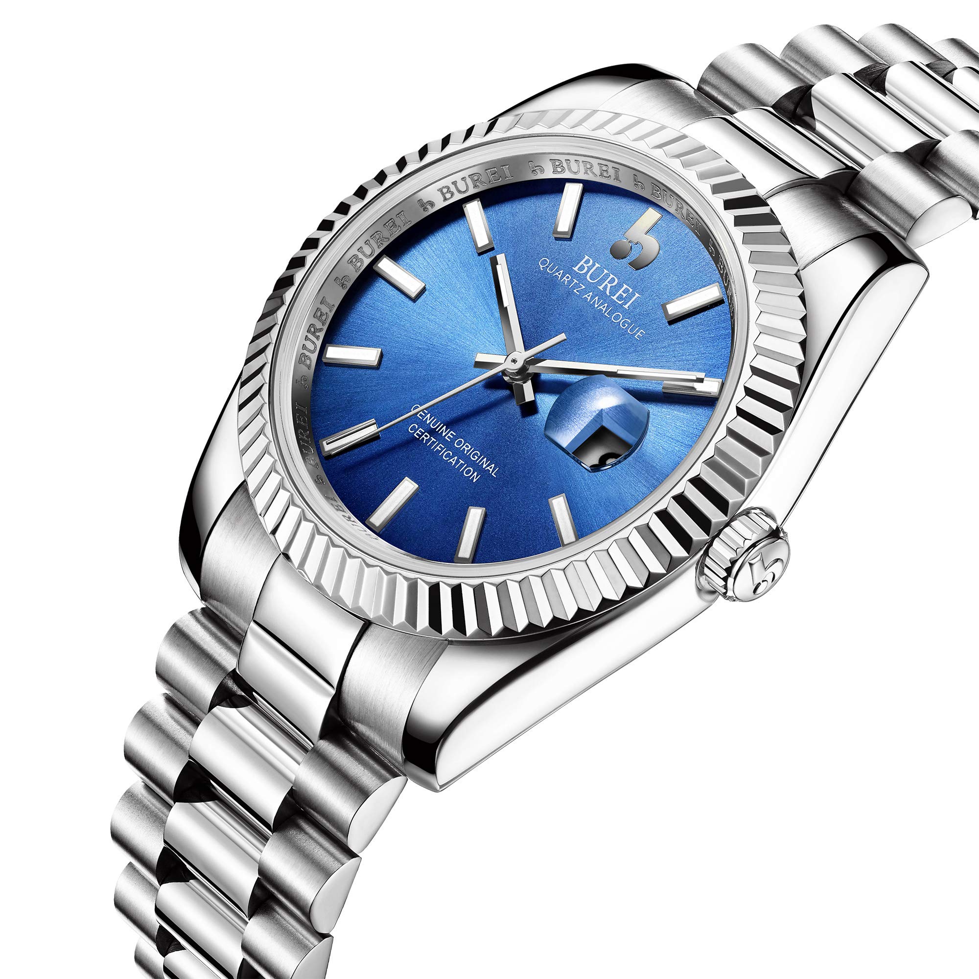 BUREI Herren Uhren Quarz Armbanduhr Datumsanzeige Saphirglas Objektiv mit Zwei Tönen Edelstahlband Uhren für Männer