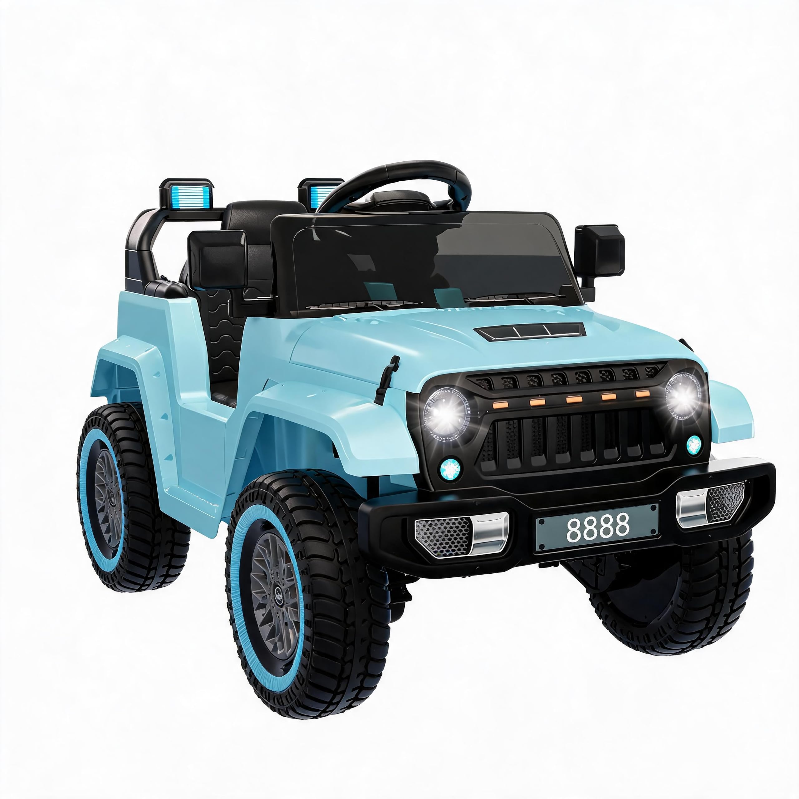 Veicolo elettrico per bambini 12V con telecomando 2.4G, 2 motori 35W, fino a 5 km/h, musica senza fili, sospensioni, fari LED, porta apribile, cintura di sicurezza - Blu
