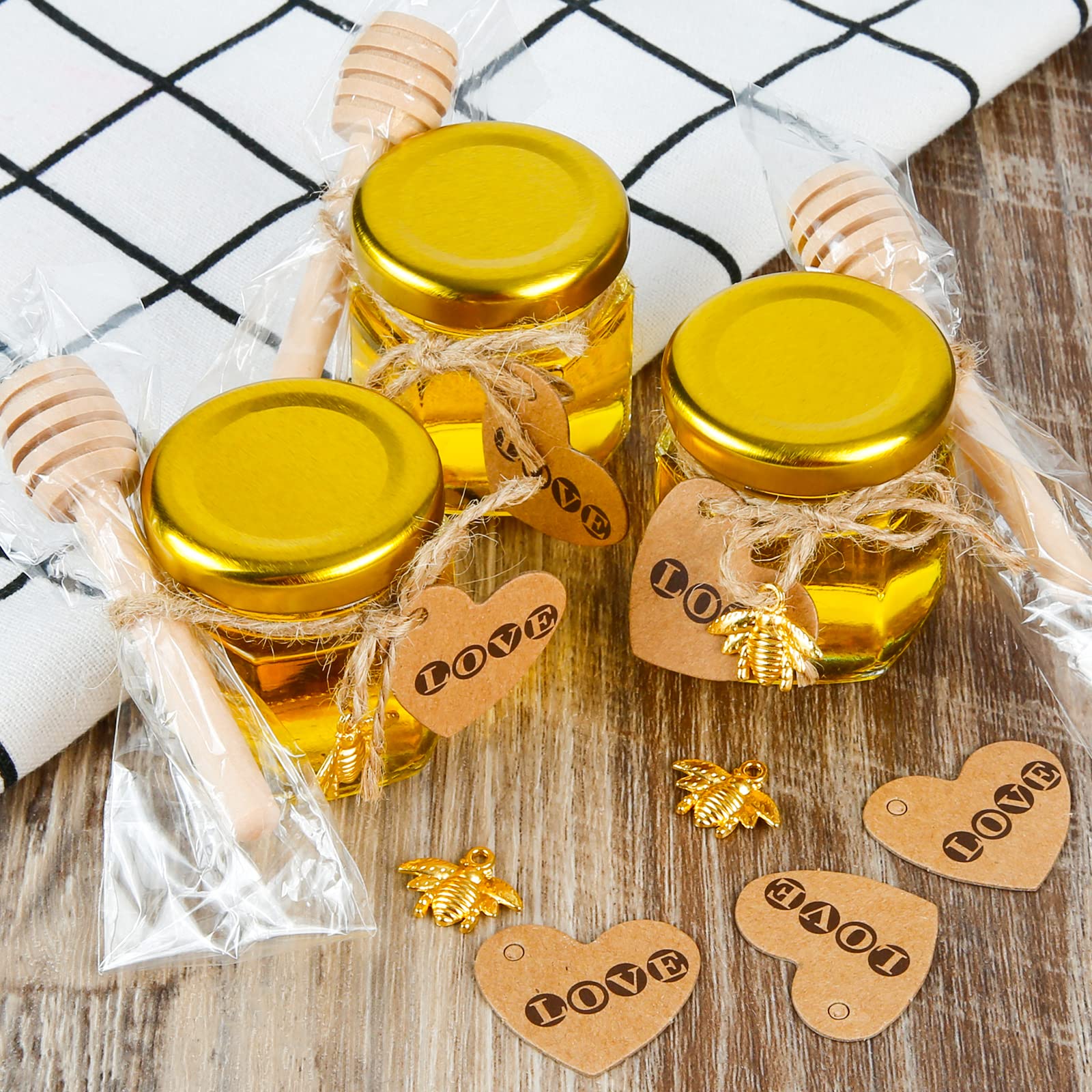 Set 24 Mini Barattoli Per Miele In Vetro 42,5 G Con Coperchio Oro – Completo Di Mestoli In Legno, Etichette, Corda E Pendenti Ape – Per Bomboniere