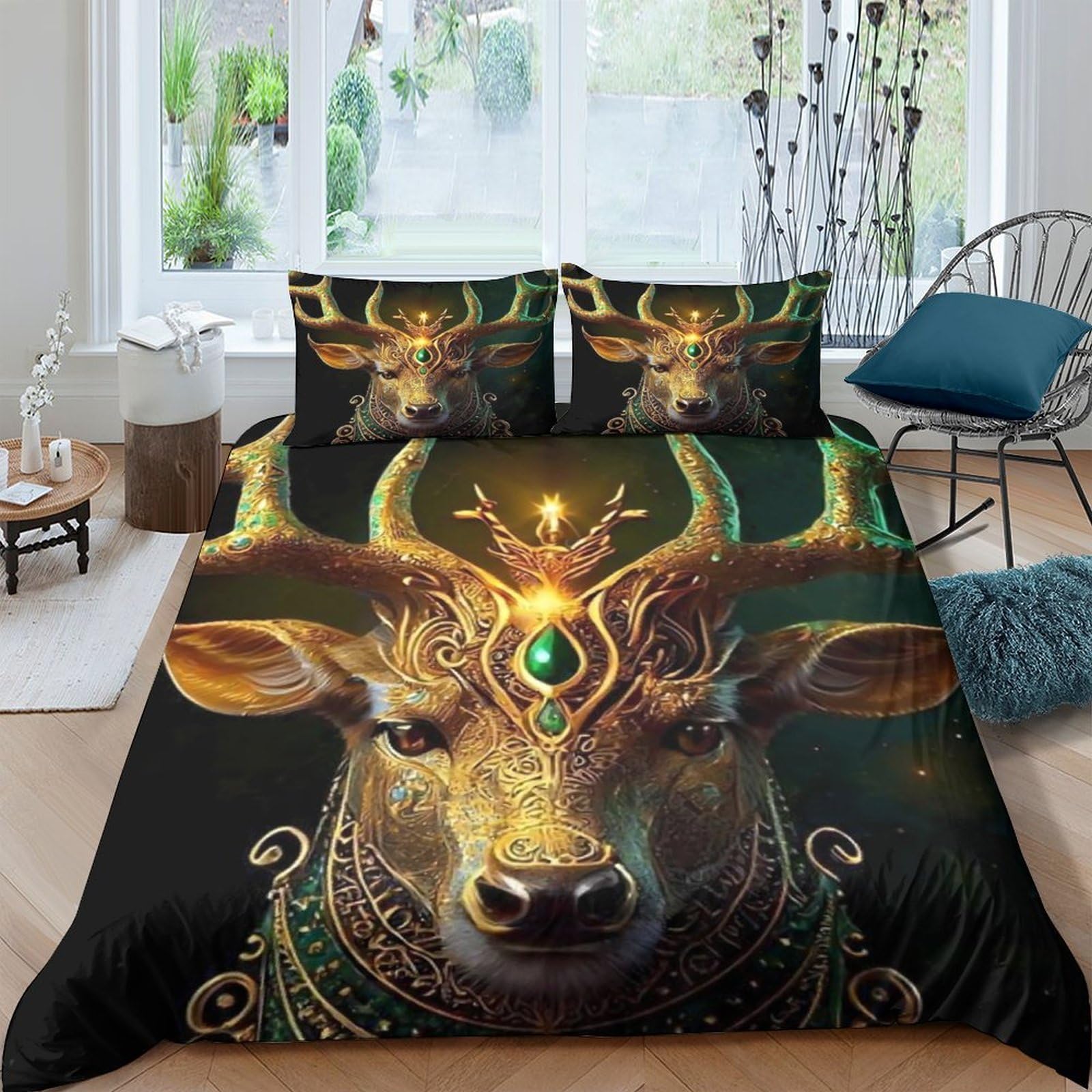 Ctjqhvkz Style-7 3D Printed Majestic Deer Fitted Sheet Microfiber Soft Breathable Golden Antlers Bed Cover For Bedroom Dorm Decor Single（135X200cm）
