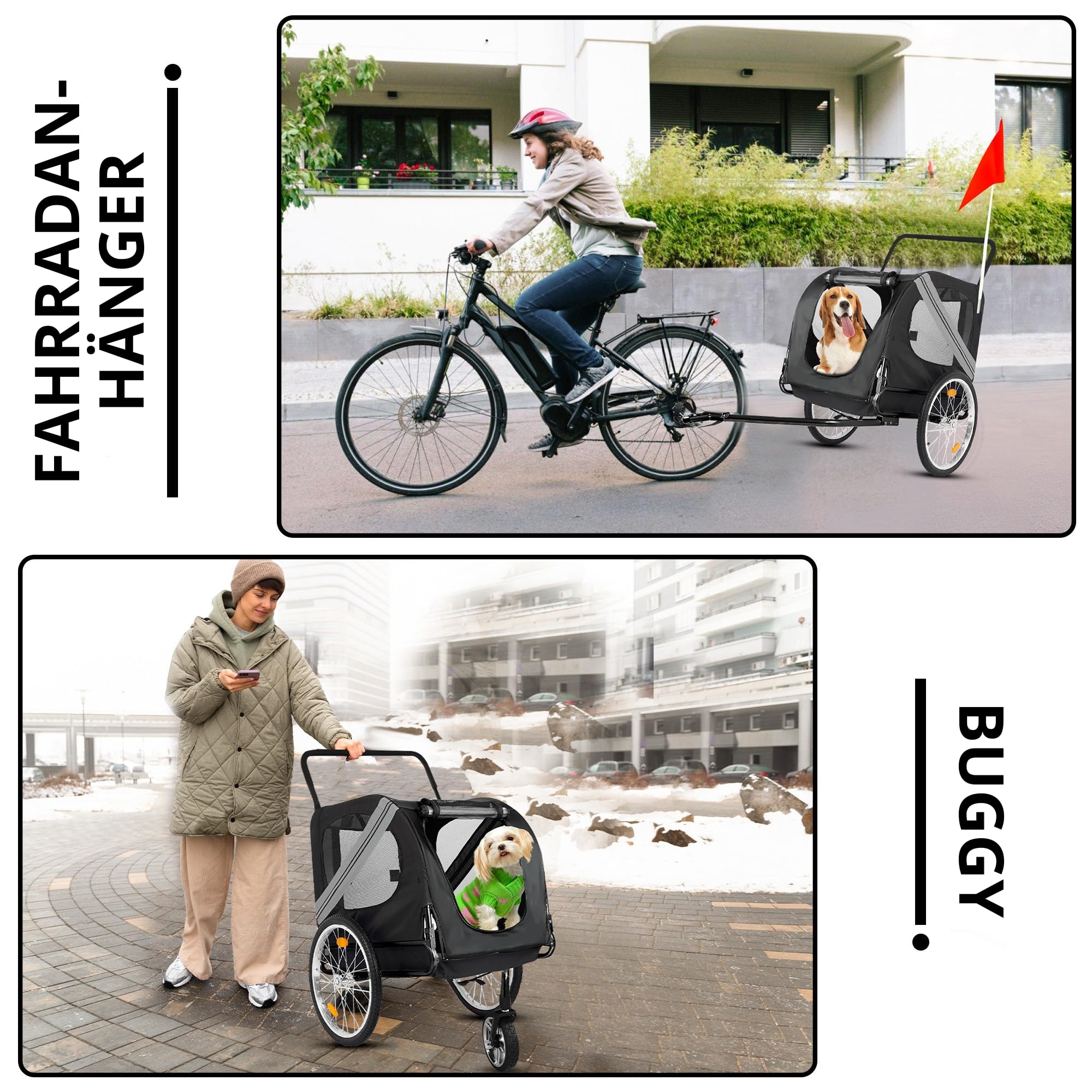 Hundeanhänger Boxer 2-in-1,Hundefahrradanhänger & Hundebuggy, groß & faltbar, federndes Fahrwer, bis 35 kg, inklusive Tasche & Sicherheitsfahne, SmartSpace Design