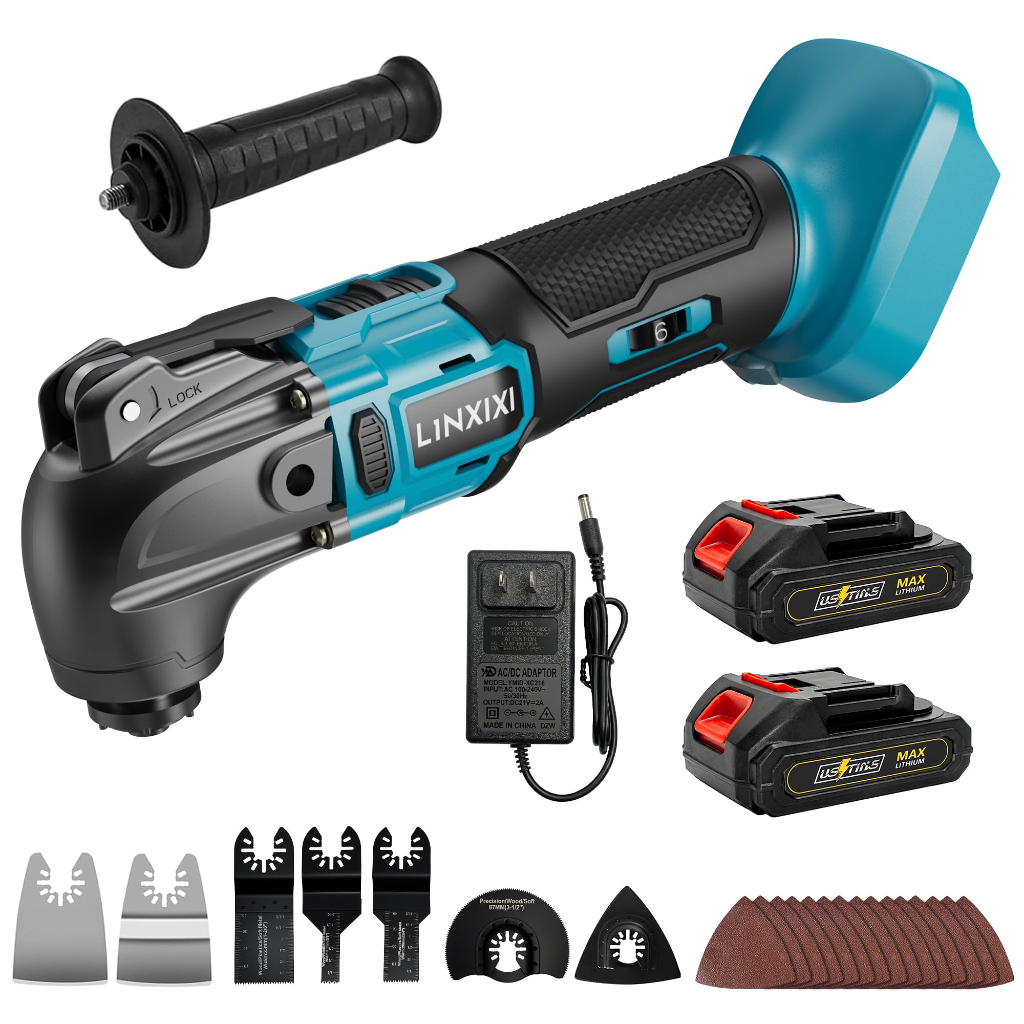Akku Multifunktionswerkzeug mit 2x2000mAh Akku, kompatibel mit Makita LXT-18V Akku, Bürstenloses Oszillationswerkzeug Multitool mit 6 Geschwindigkeiten max.21.000 U/min, 4° Winkel, 23 Zubehör
