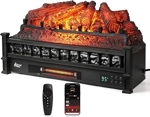 TURBRO Eternal Flame - Calentador eléctrico de cuarzo infrarrojo WiFi de 26 pulgadas con sonido crujiente, troncos de madera de pino realistas,