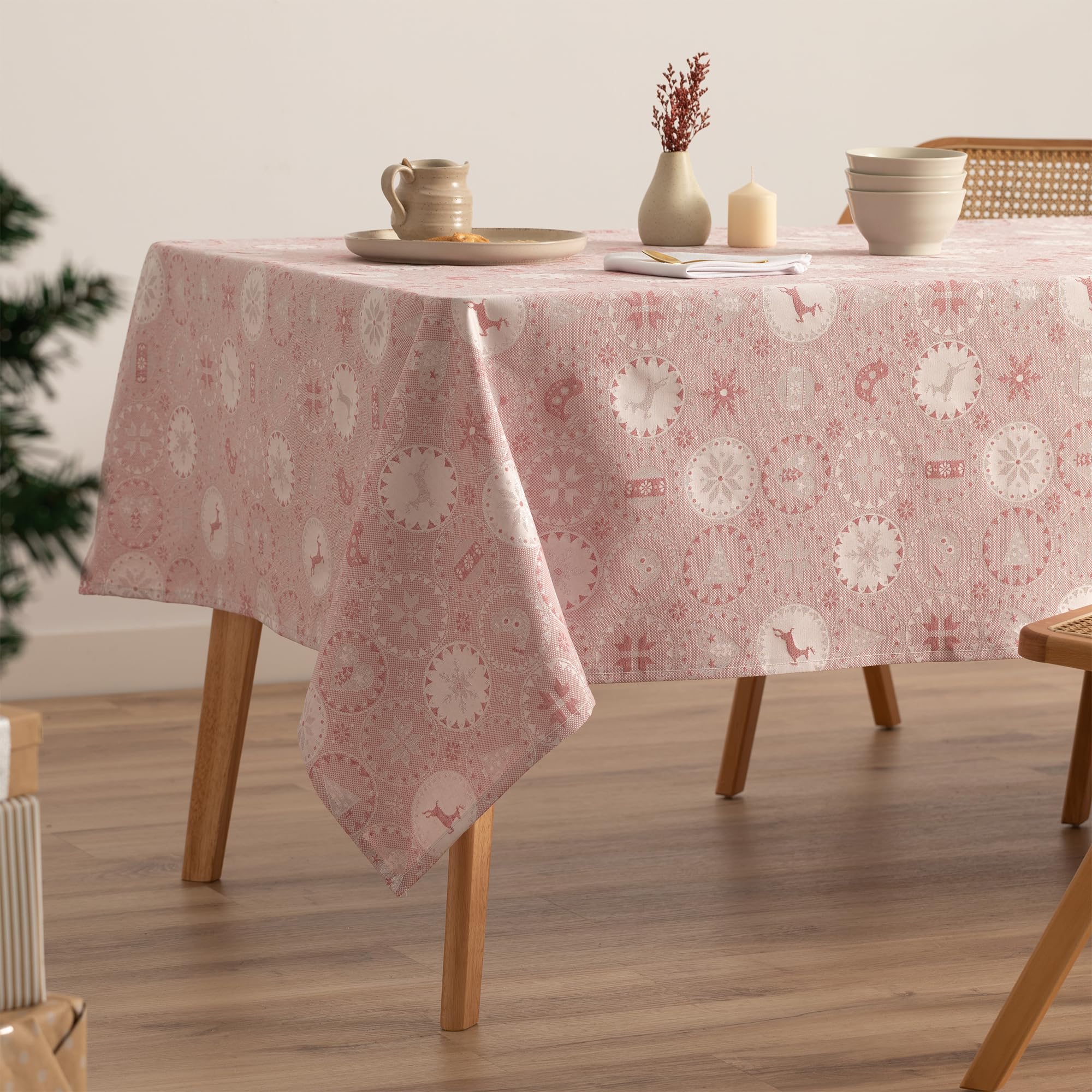 GAMUSI Mantel Navidad Jacquard Hilo Dorado Mesa Comedor Rectangular Decoración Navideña 140x300 cm Color Rosa Palo/Plata
