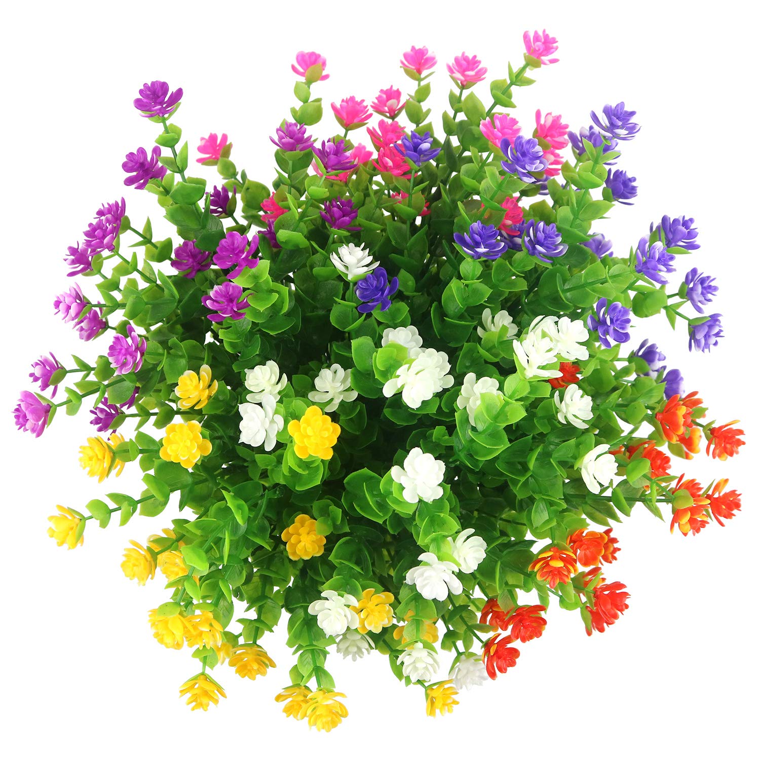 LUCKY SNAIL Artificial Flowers Outdoor, 6 Bundles Fake Flowers No Fading Greenery Eucalyptus UV Resistant Artificial Plant Indoor Outside Hanging Planter Home Garden Wedding Decor(6Colors)