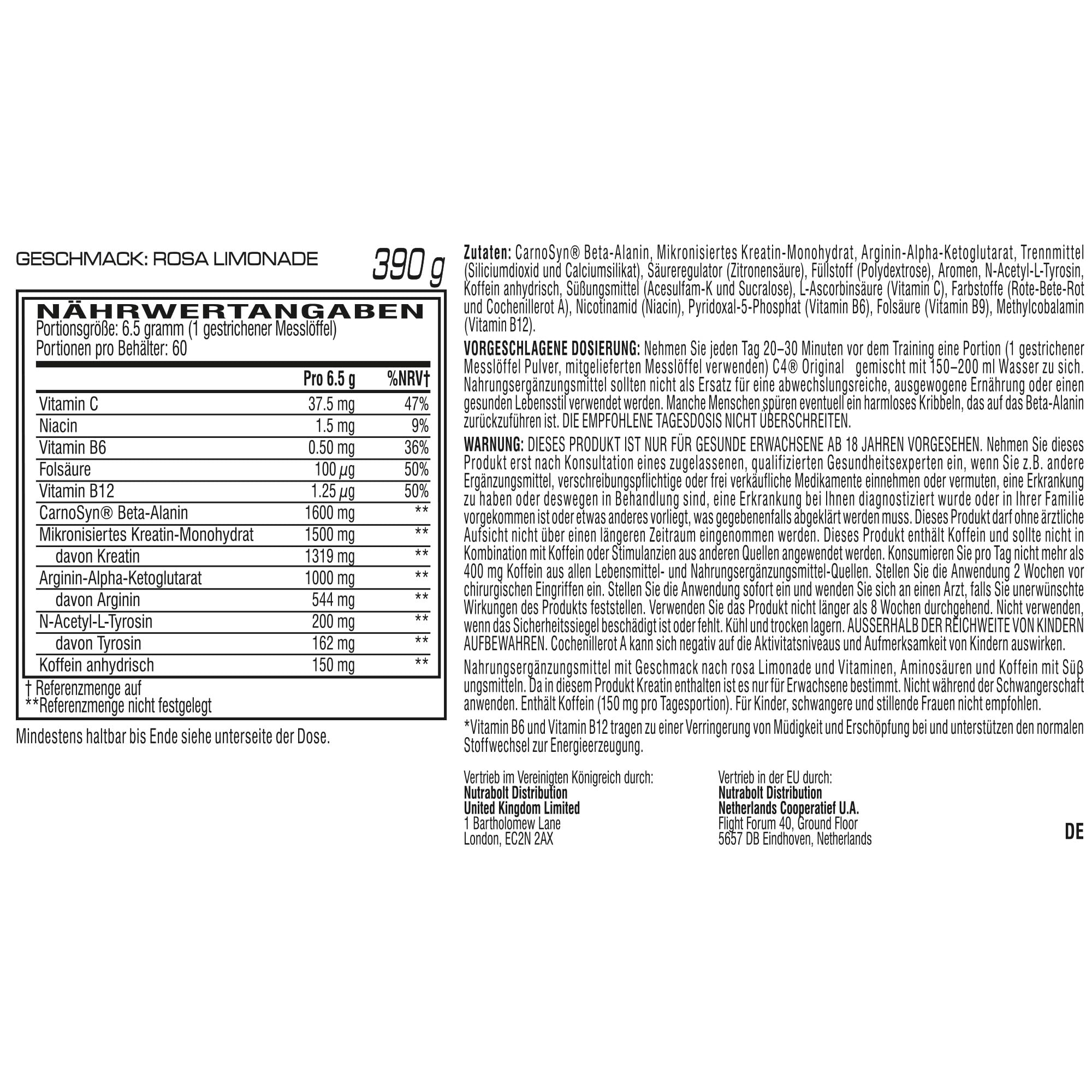 C4 Original - Pre-Workout-Booster - Getränkepulver für Energy Drink | 150 mg Koffein + Beta-Alanin + Kreatin-Monohydrat (Pinke Limonade, 60 Portionen)