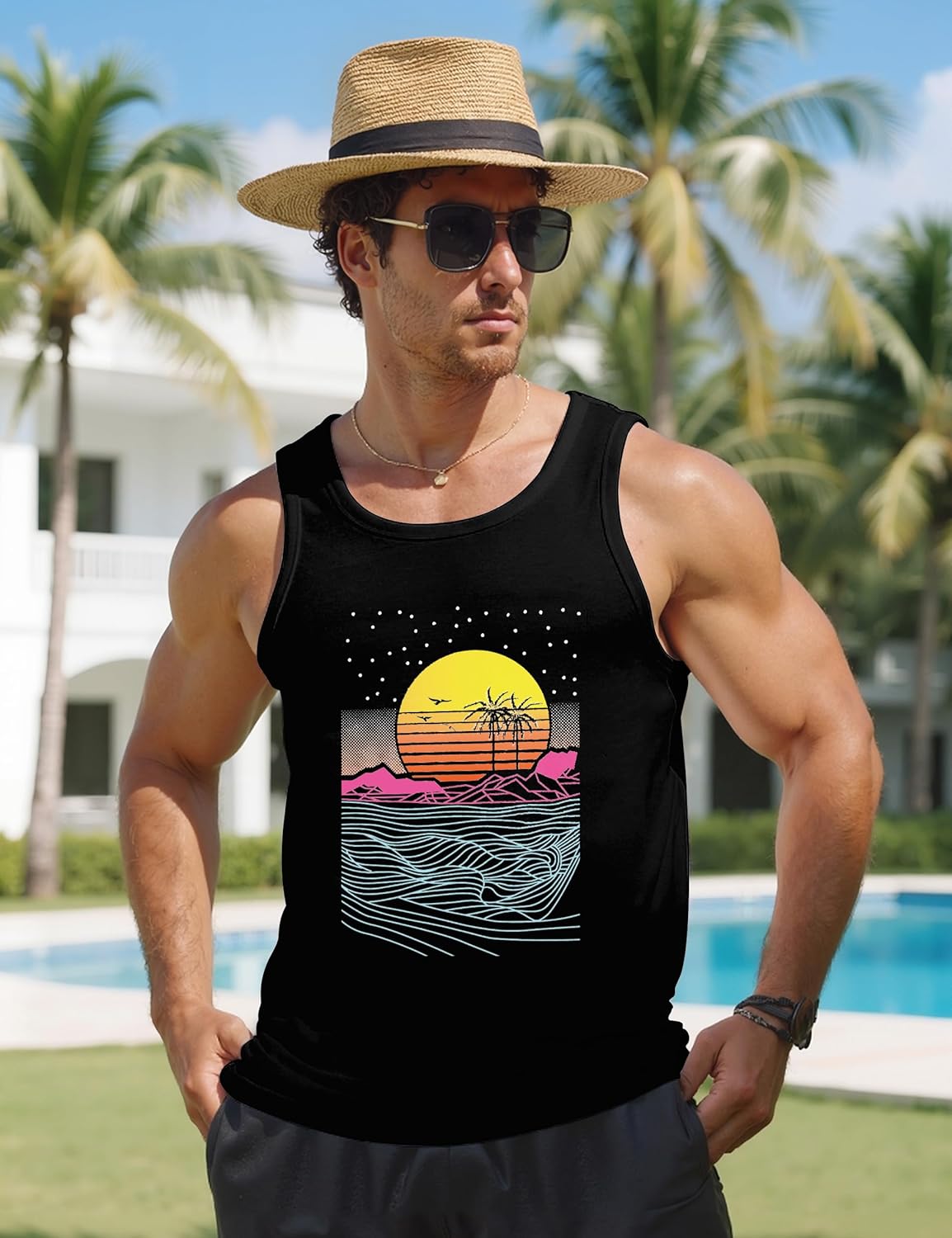 Men Tank Top Beach Summer Hawaii Vacation Plam Tree Graphic Workout Muscle Sleeveless Shirts for Men - Image 3