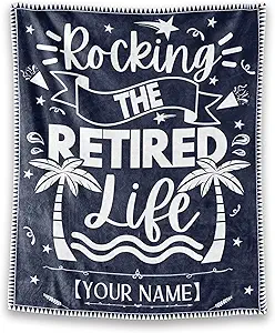 Custom Retirement Throw Blanket - Soft, Fuzzy & Warm - 60x80 Inches Flannel Blankets for Women - Dark Blue Vintage Throws Farewell Gift for Coworker