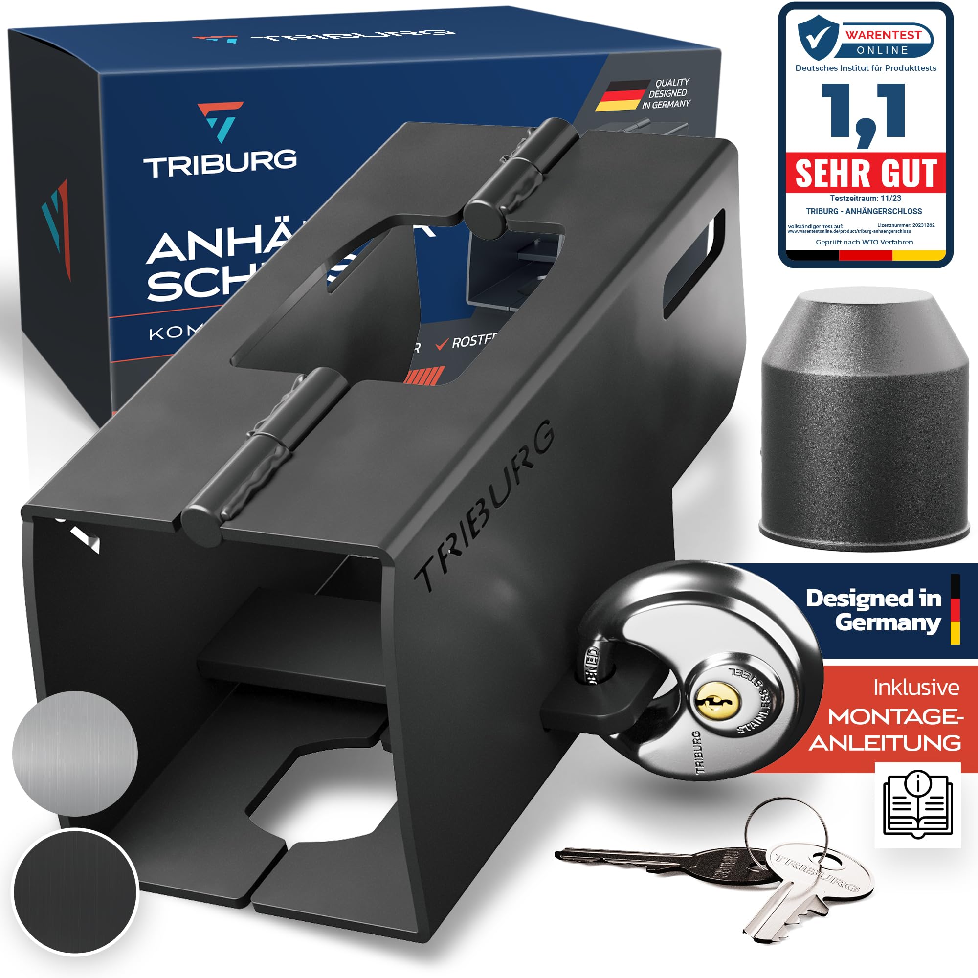 TRIBURG Anhängerschloss inkl. Rundschloss | Achtung: für Kupplungen bis max. 7cm Höhe x 9cm Breite | Sicherung für an/abgekuppelte Anhänger - Deichselschloss Rostfrei [Versicherungskonform]