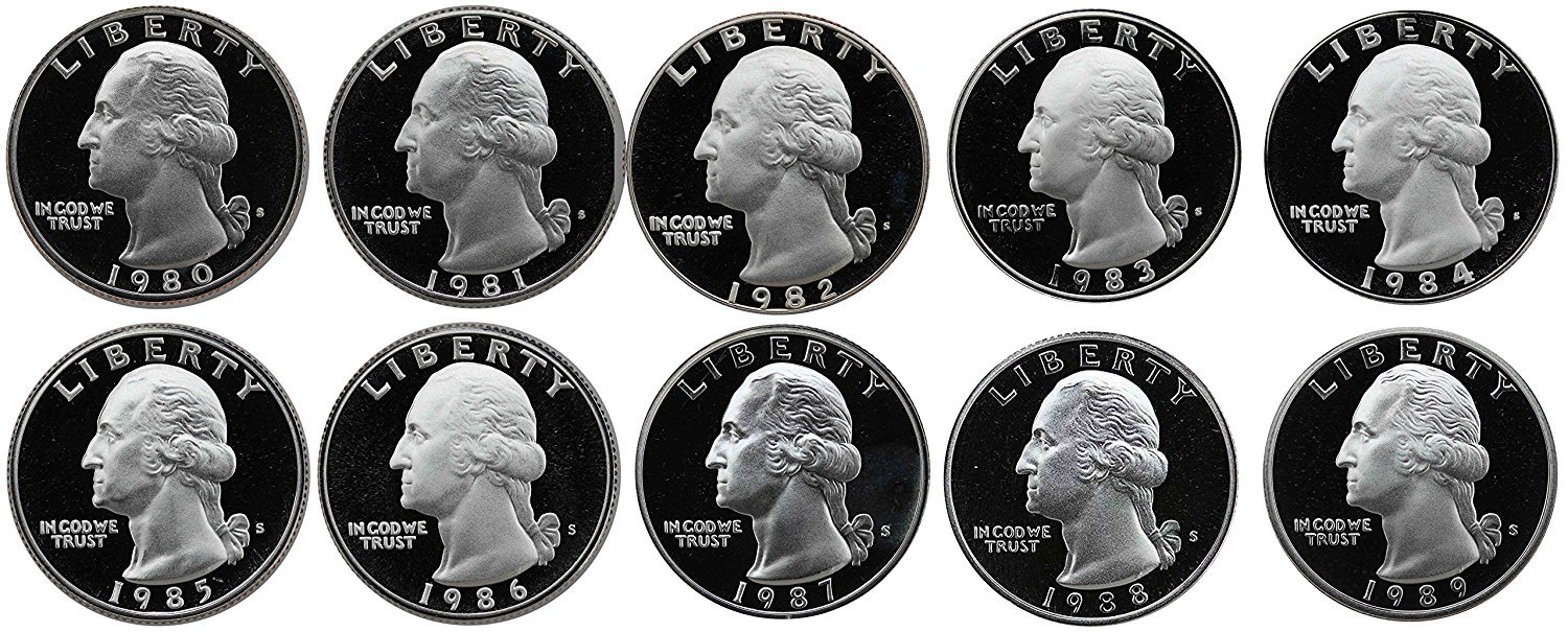 1980 S - 1989 Washington Quarters Gem Proof Run 10 Coins US Mint Decade Lot Complete 1980's Set Proof Thumbnail