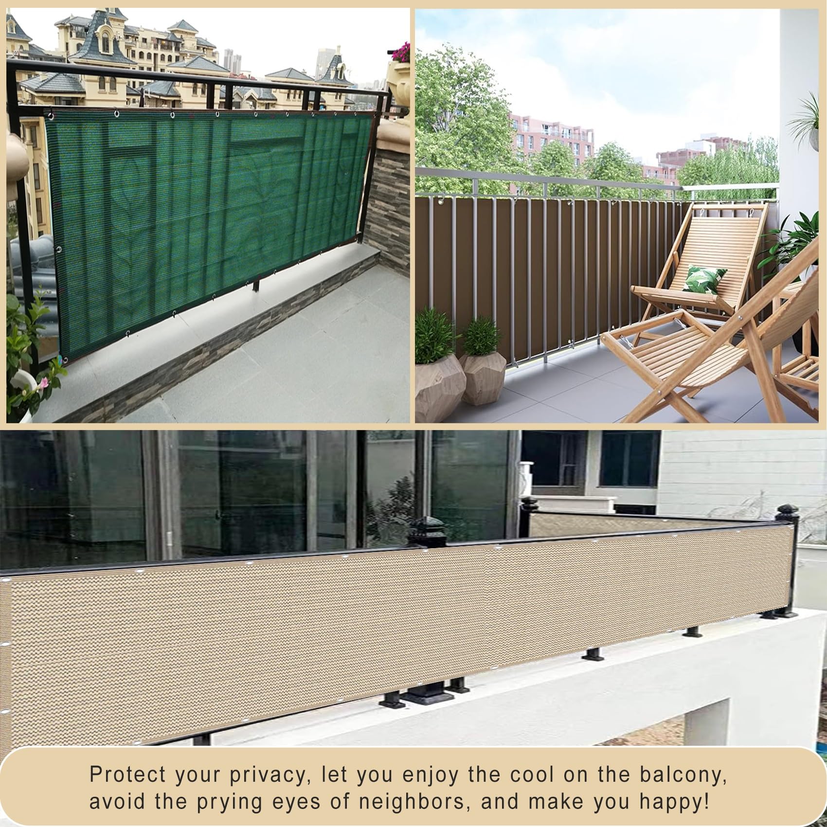 Telo Copri Ringhiera Balcone 95 x 500 cm Protezione Della Privacy, Frangivento, Anti-Uv, Agenti Atmosferici Telo Ombreggiante Recinzioni con Corde Fascette per Patio, Giallo sabbia