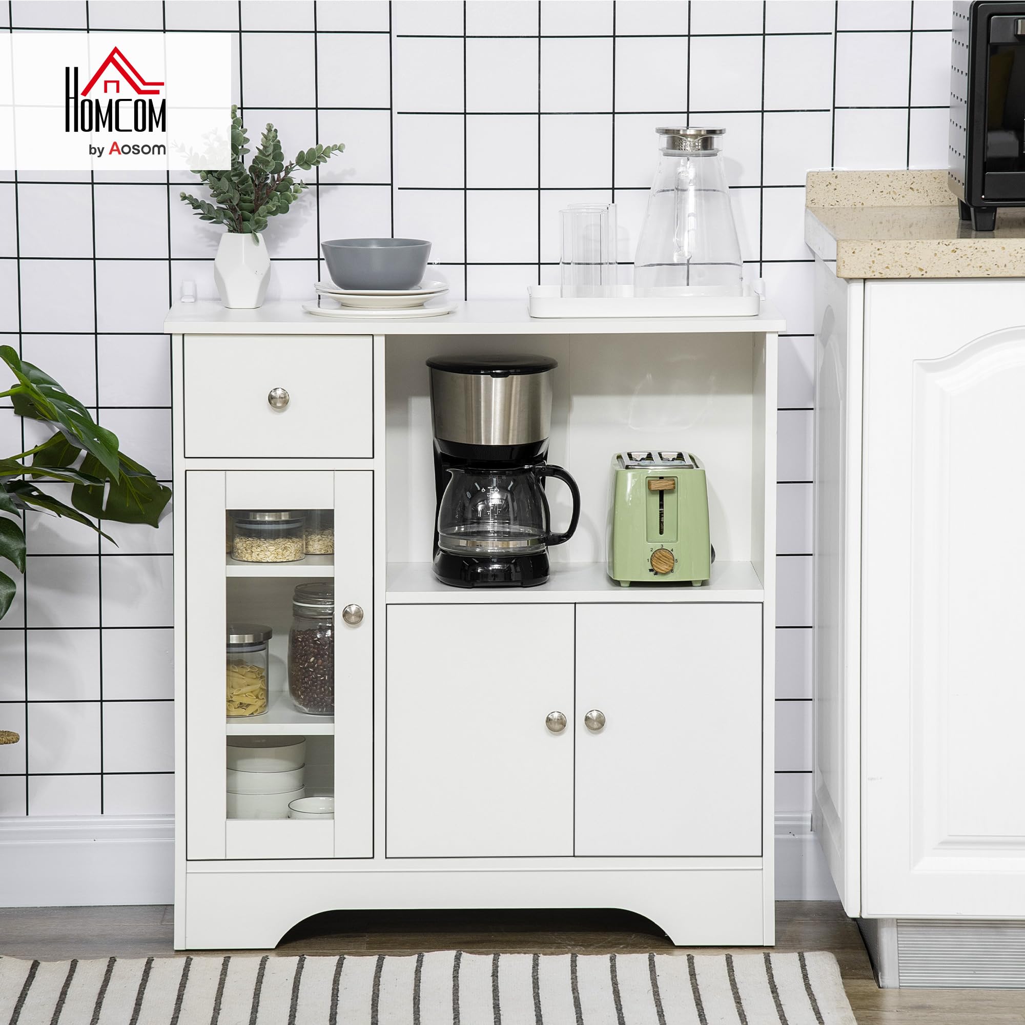 HOMCOM Credenza Cucina con Vano Aperto, Armadietti, Anta in Vetro e Cassetto, Mobile Cucina con Ripiani Regolabili, Buffet Credenza per Sala da Pranzo e Soggiorno, Design Moderno, 80x30x82 cm, Bianco