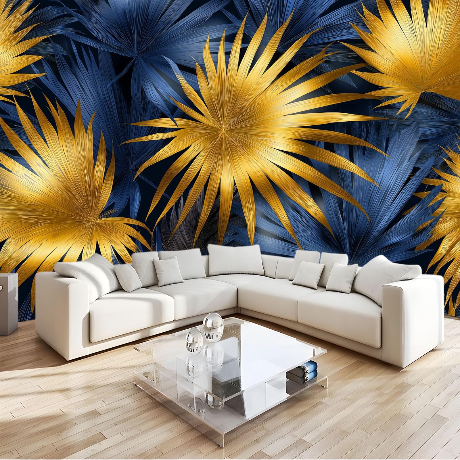 Générique Nowoczesna panoramiczna tapeta botaniczne liście palmowe moda czarny tusz 250 x 175 cm - nowoczesny gobelin ścienny z włókniny do salonu, sypialni lub pokoju dziecięcego