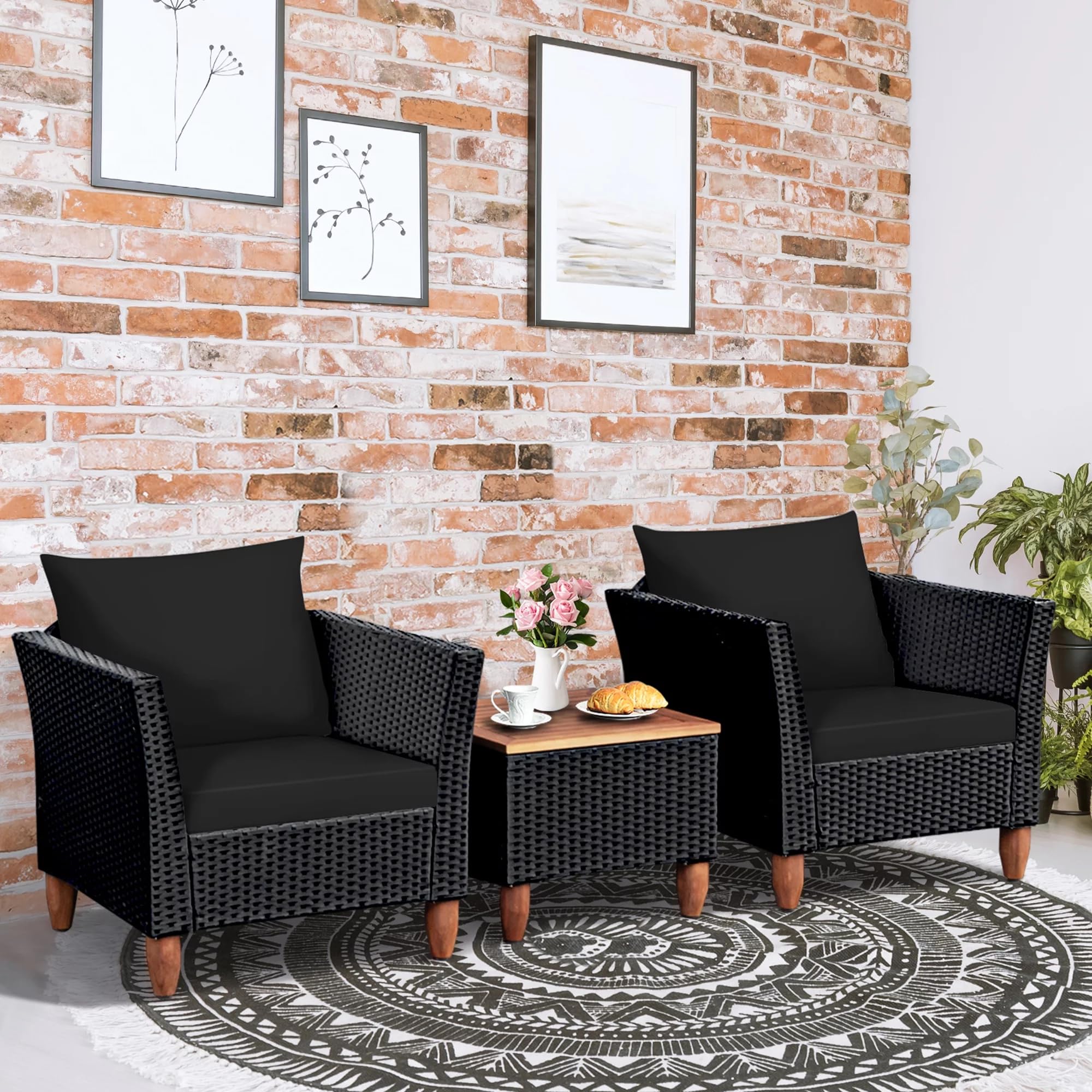 DEVOKO 3 Piece Rattan Wicker Outdoor Patio Set with Wood Top Table, All-Weather Soft Seat Cushioned Chair for Balcony, Lawn, Backyard, Terrace, Poolside, Garden, Indoor (Black)-image-31