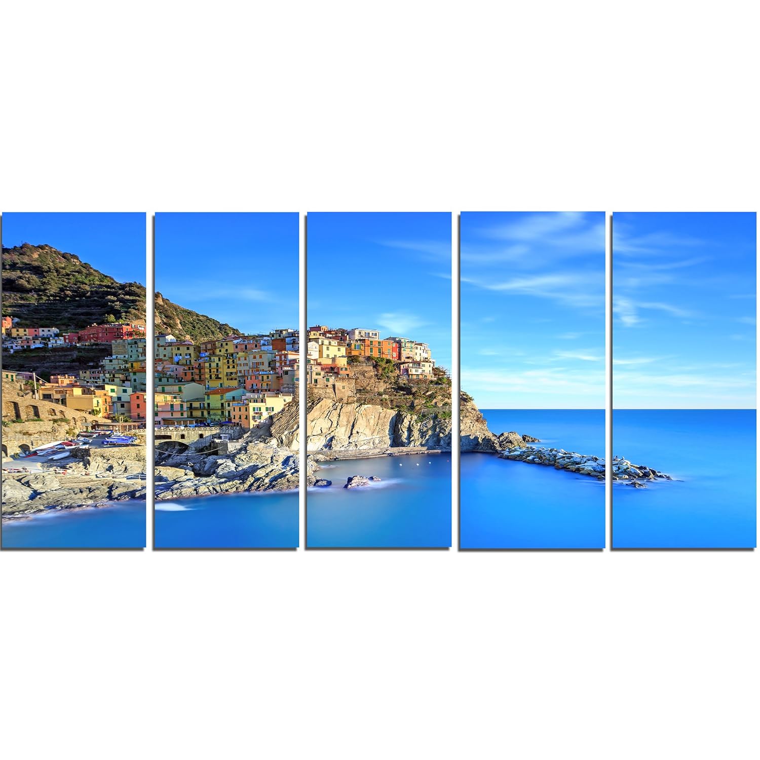 Design Art 5 Panels Manarola Village in Rocks and Sea Beach Canvas Wall