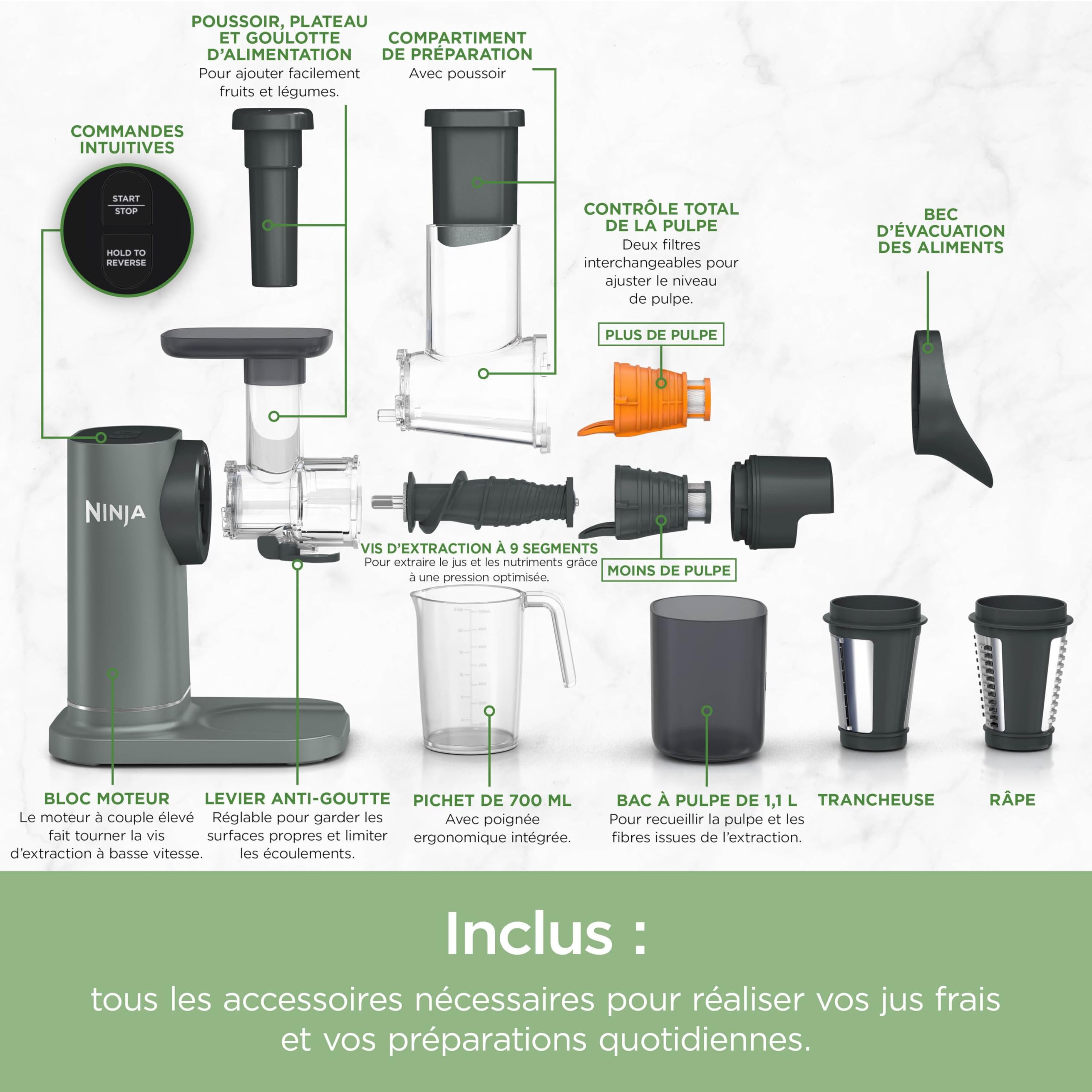 Ninja Extracteur de jus à froid 3-en-1,carafe de 700 ml JC152EU