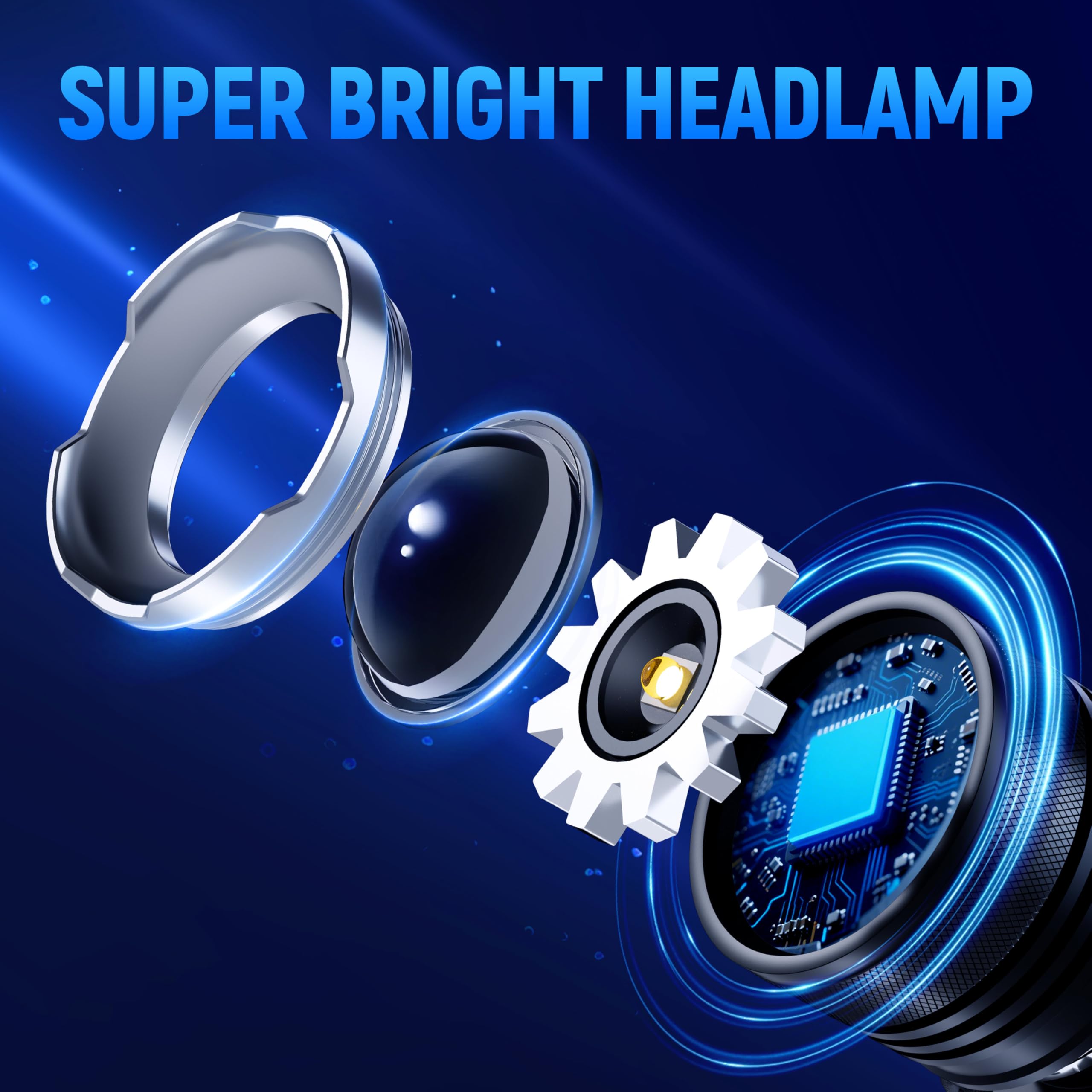 Linterna frontal recargable superbrillante, 5 modos de luz para la frente con zoom, faro de alto lúmenes para adultos, impermeable, luz frontal ajustable de 90° y 9000 mAh de largo tiempo de