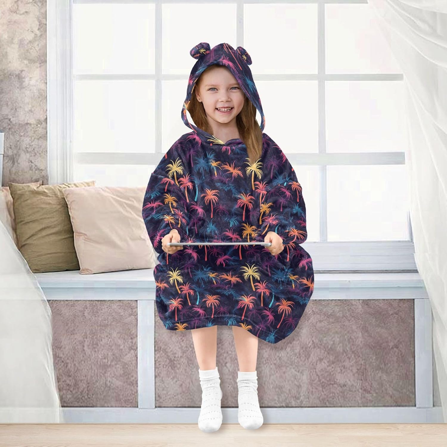 Coconut Tree Summer Kids Wearable Blanket Hoodie with Pocket and Sleeves for Toddlers, Cute Hoodies Girls B0403813