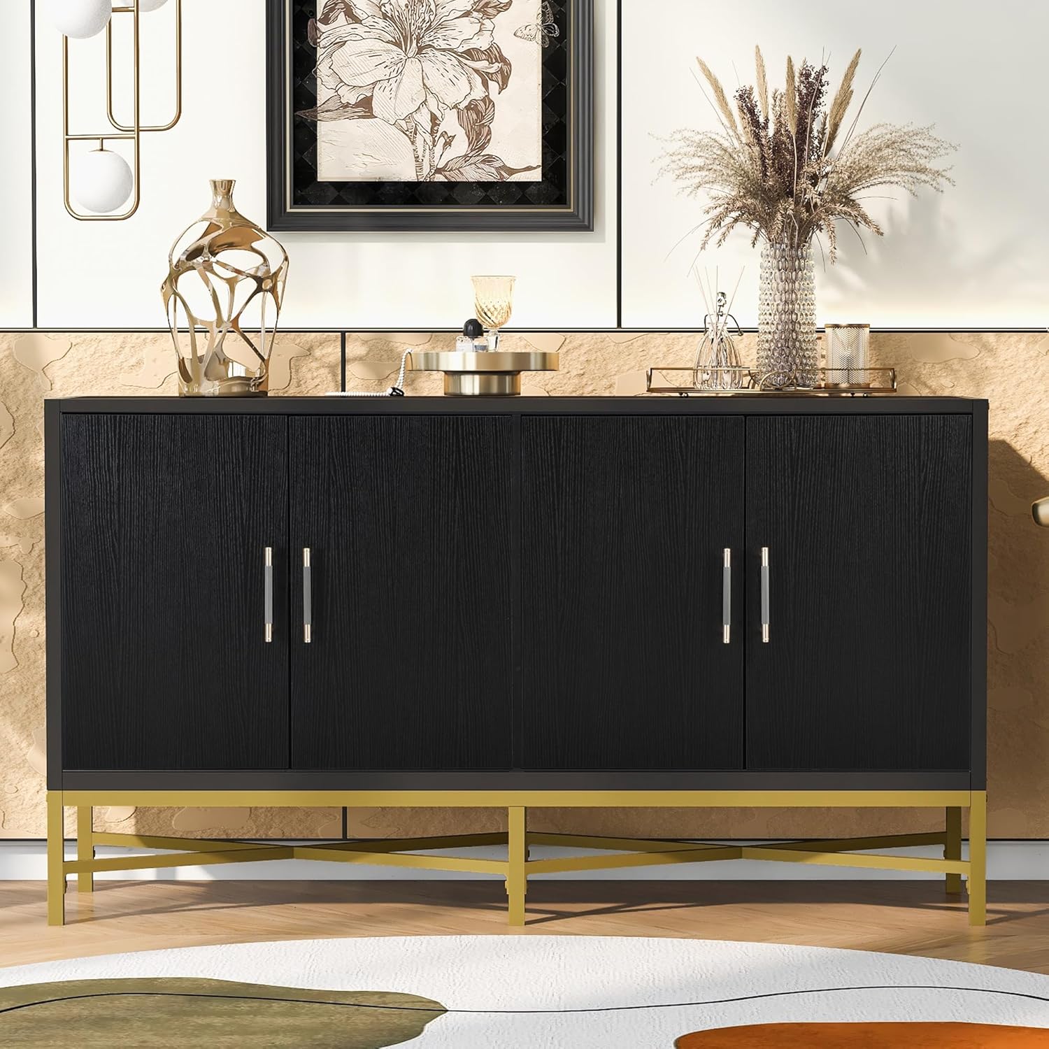 Modern Sideboard with 4 Drawers & 2 Doors-Stylish Storage Cabinet for Living Room, Dining Room, Entryway-Durable Wooden Buffet Console Table (Black) (4 Drawers + 2 Doors)