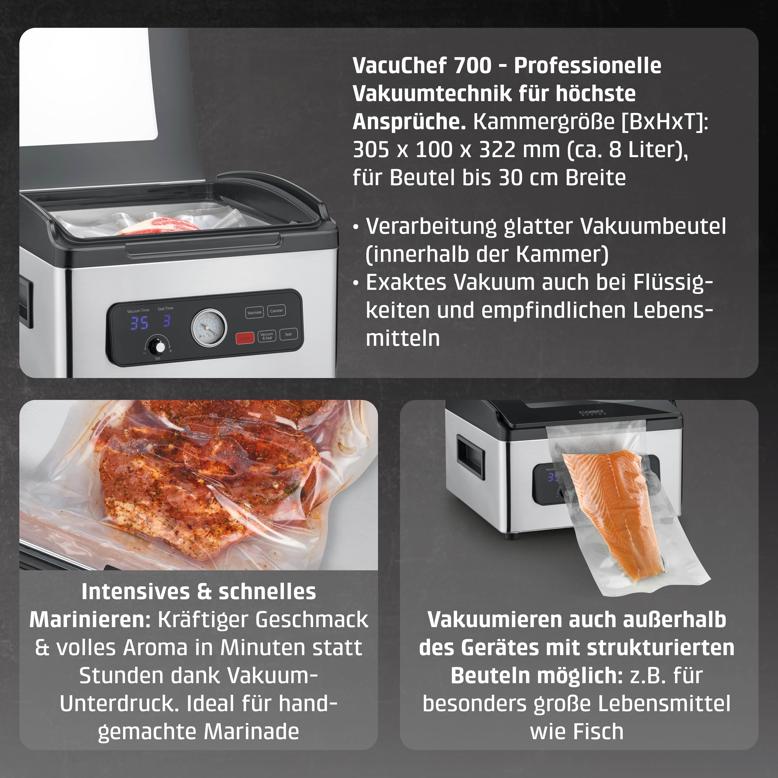 CASO VacuChef 700 - Kammervakuumierer, 8L Edelstahl, starke Profi-Vakuumpumpe 70 Liter/Minute, Temperglas-Deckel, für harte/weiche/trockene/flüssige Lebensmittel