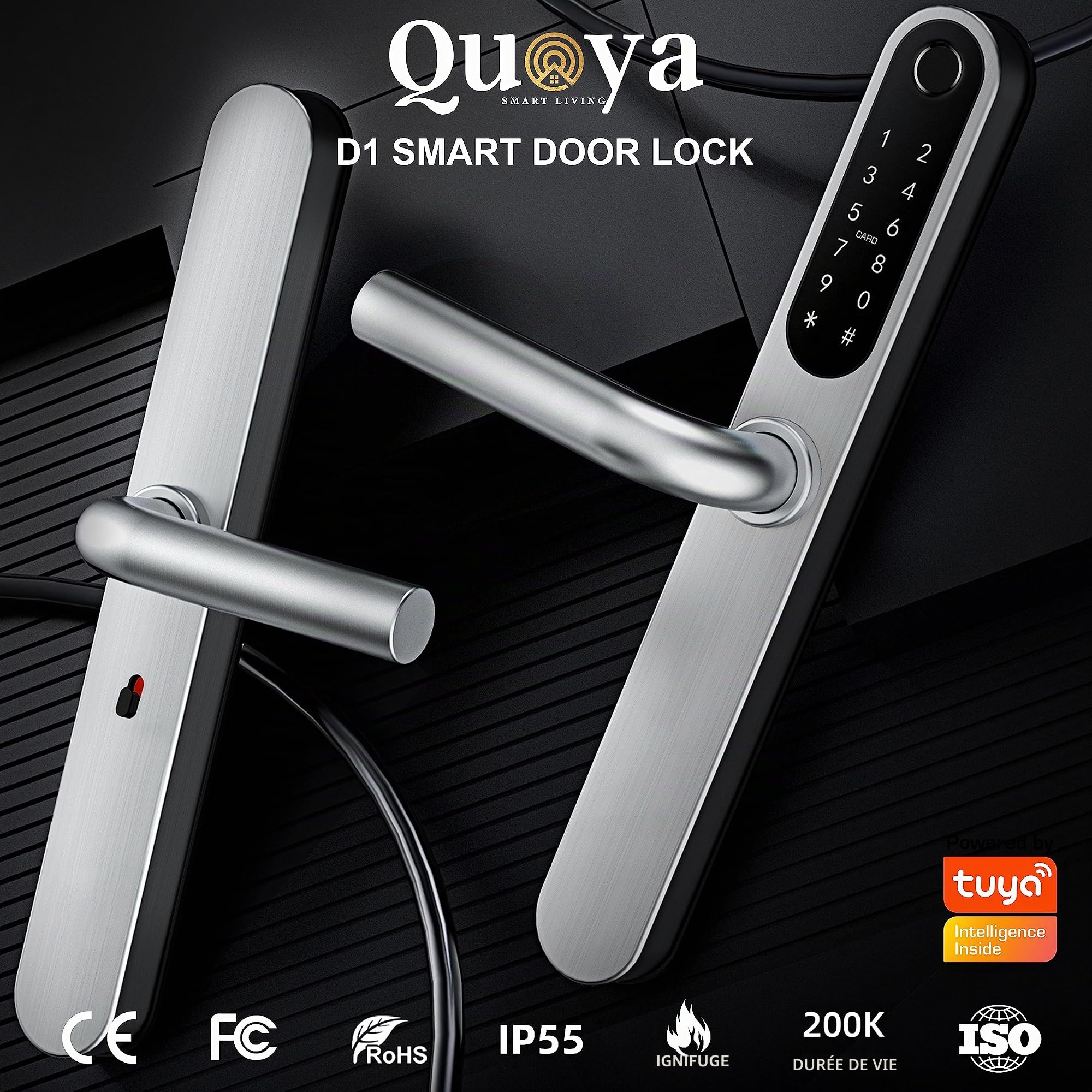 QUOYA D1 Poignée de serrure de porte intelligente, angle de rotation maximal de 75 °, étanchéité IP55, entrée sans clé, rétrofit fin, méthode de déverrouillage (empreinte digitale, carte RFID, broche