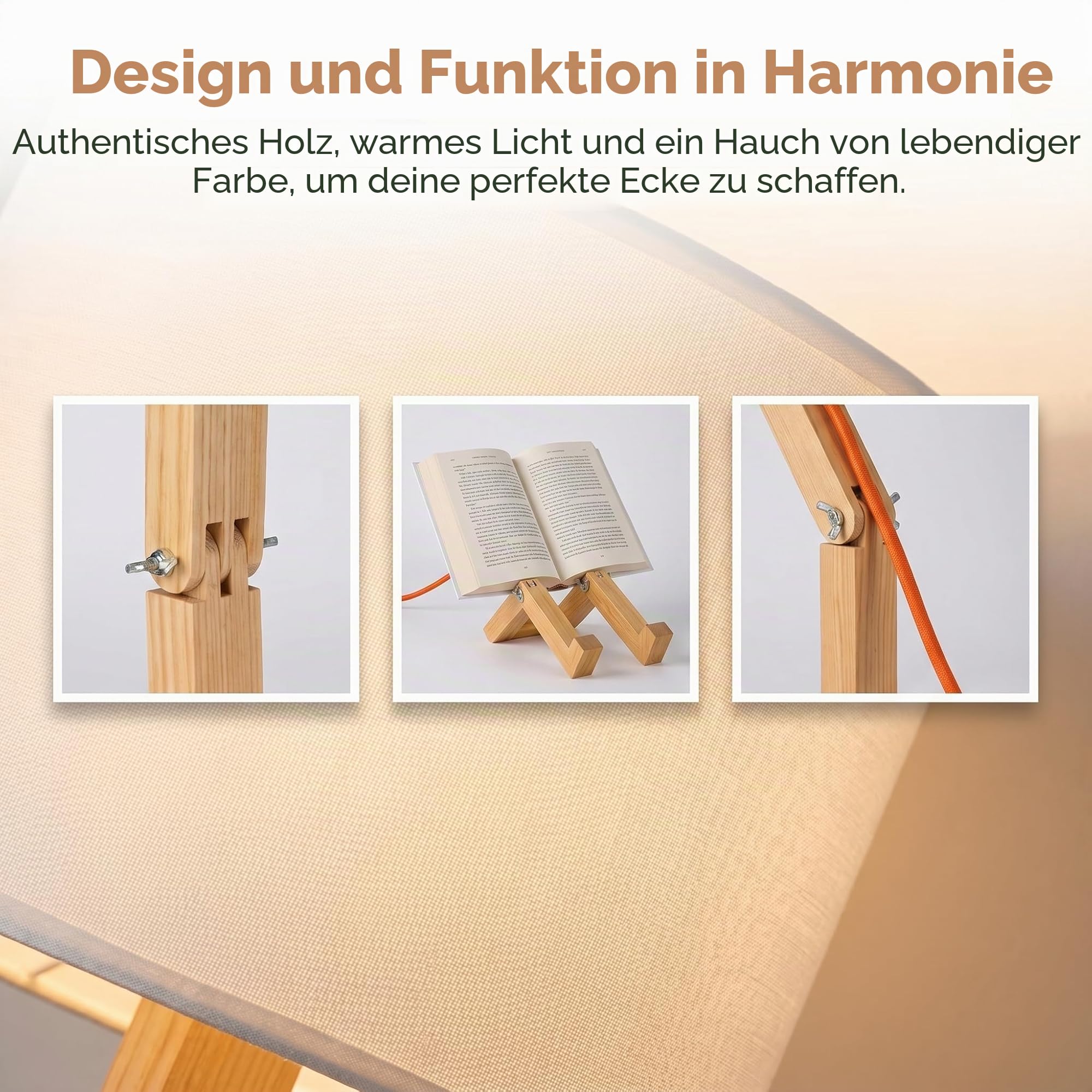 BARCELONA LED YOKI Holz Tischlampe Gelenkig, Skandinavische Schreibtischlampe im Figuren Design mit Weißem Stoffschirm, E27 Nachttischlampe für Schlafzimmer, Büro und Wohnzimmer