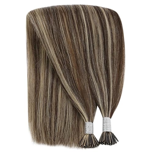 Miniatura 7 de YoungSee - Extensiones de cabello humano con punta en I Tip, extensiones de cabello humano marrón oscuro con reflejos rubios caramelo, extensiones