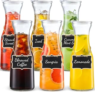 NETANY 6-Pack 1L Glass Carafes with Lids - Clear Pitchers for Mimosa Bar, Juice, Iced Tea, Brunch Serveware