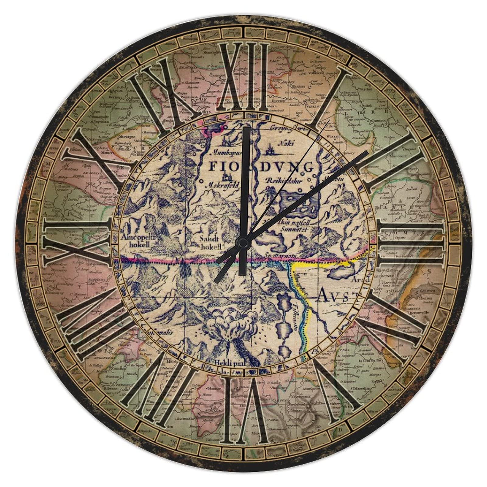 World Map Clock Nautical Antiqued Old World Personalized Round Wall Clock 10 Inch Non-Ticking Quartz Battery Operated Wall Clocks Vintage Wooden Wall Clock for Office School Home