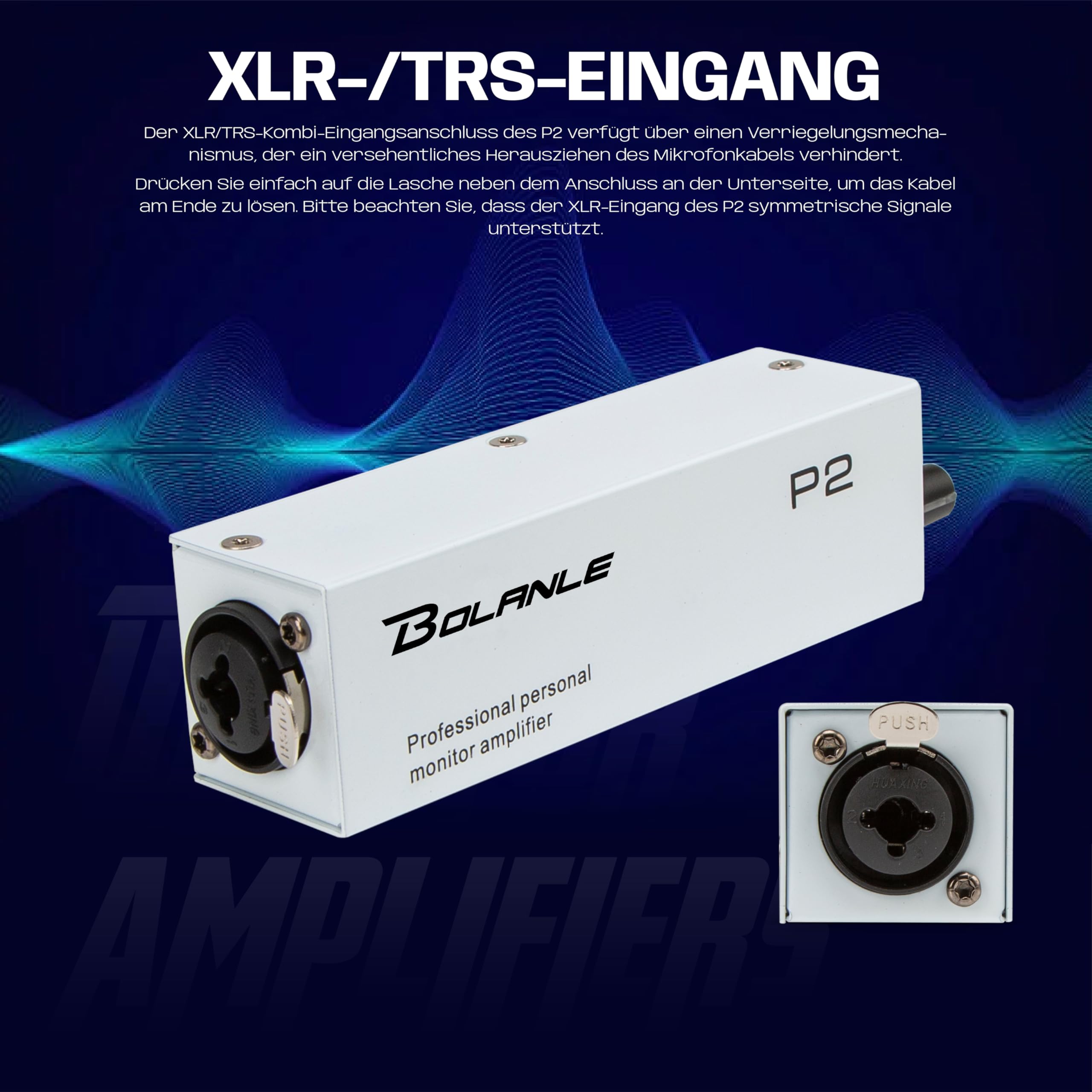 Bolanle P2 PRO In-Ear Monitoring Verstärker USB-C, XLR/TRS Eingang mit Verriegelung, 3,5 mm Ausgang, Stereo/Mono Schalter, 7-Farben LED für Musiker